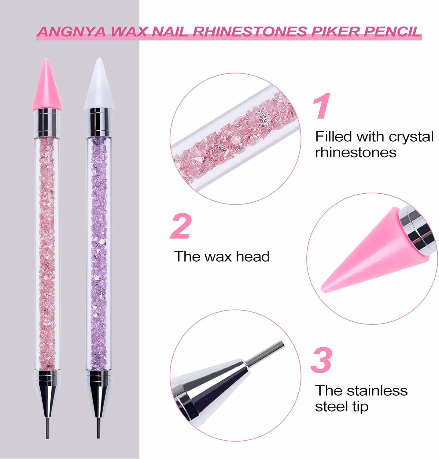 ANGNYA 2 Pack Rhinestone Picker Dotting Pen with 2 Replaceable Wax Tips and ​1X Tweezer, Dual-Ended Diamond Picker Tools for Nails,Wax Pencil for Rhinestone Stainless Steel Double Head(Pink Purple) image number 3