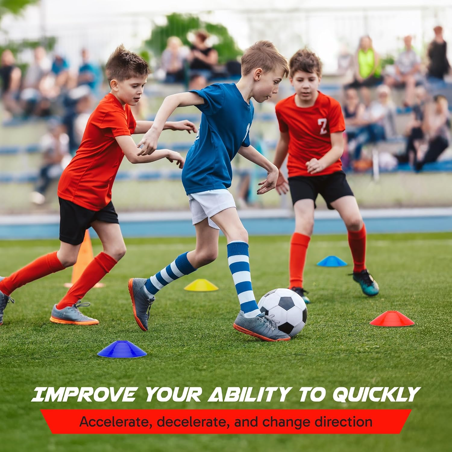 Pro Disc Cones (Set of 50) - Agility Soccer Cones with Carry Bag and Holder for Sports Training, Football, Basketball, Coaching, Practice Equipment, Kids - Includes 15 Best Cone Drills Book - Blue And Red image number 7