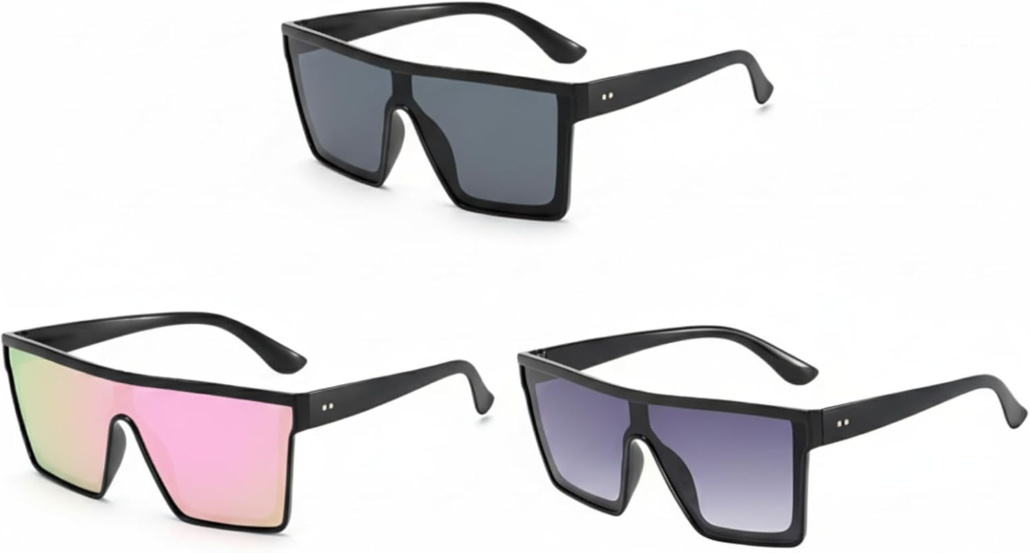 3 Pcs Futuristic Neon Flat Top Sunglasses, Oversized Square Big Frame Shades for Women Men Fashion image number 6