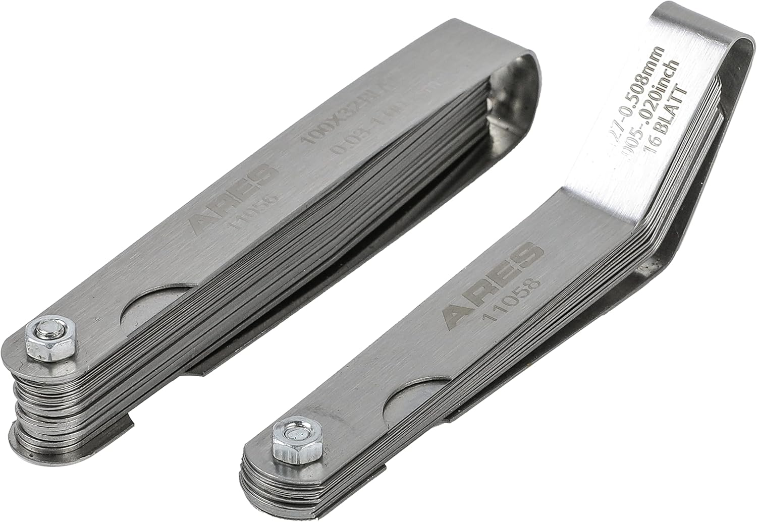 ARES 11042-2-Piece Tapered Feeler Gauge and Offset Feeler Gauge Set - Tapered Gauge Has 32 Dual-Marked SAE & Metric Sizes - Offset Has 16 Dual-Marked Sizes - Precisely Measure Mechanical Clearances image number 1