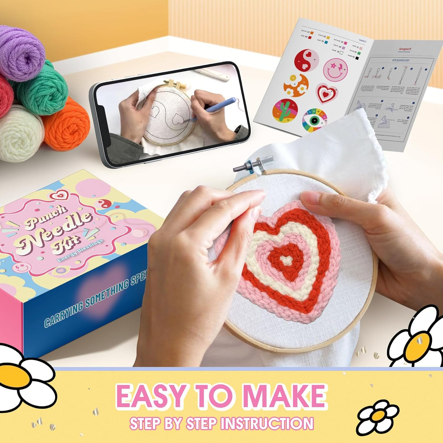 Yuegool 6PCS Punch Needle Coasters Kit,Easy DIY Punch Needle Embroidery Kit for Beginners Adults Kids Including Energy Blessings Patterns, Tools, Yarns, Hoop, Instruction, Coaster Holder image number 3