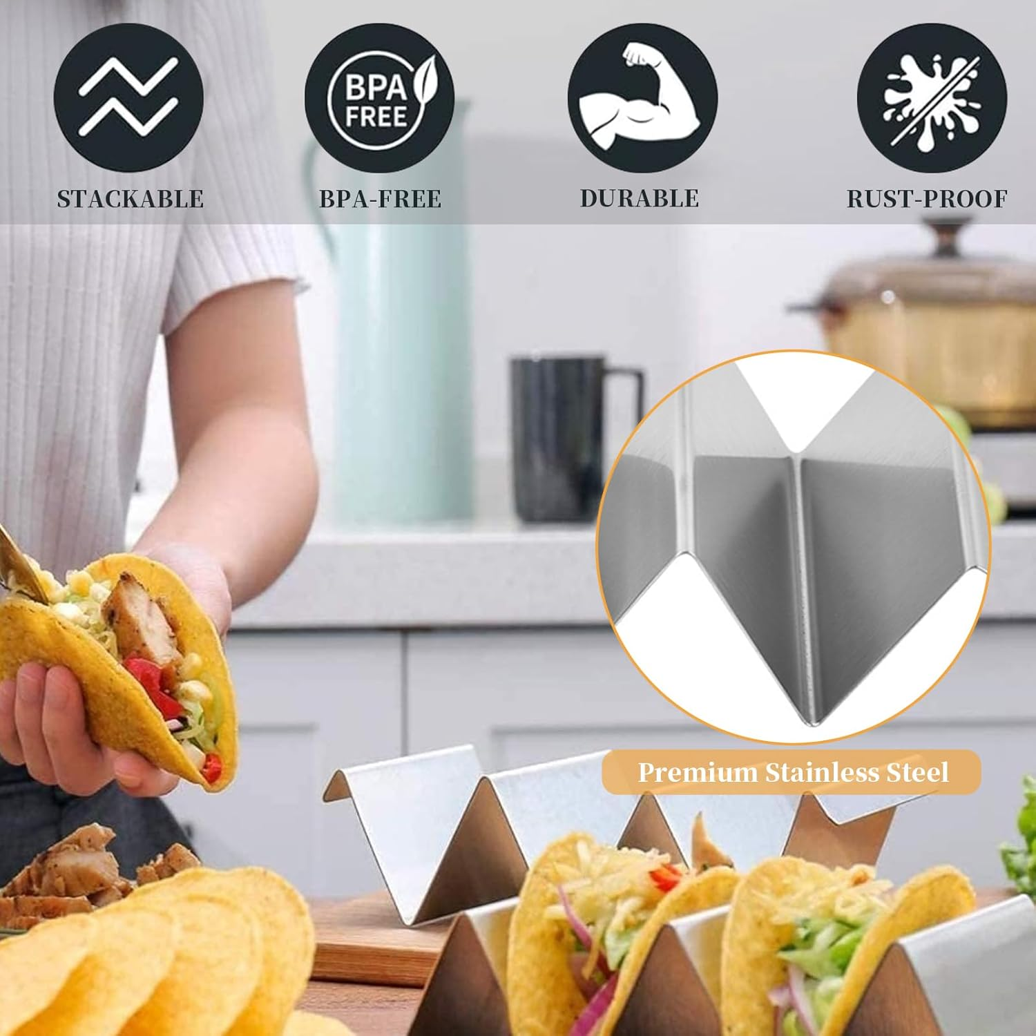 4 Pcs Taco Holder Stand Wave Stainless Steel Taco Shell Holder Stand with Handles Double Sided Use Taco Holder Stand Holds up to 3 Tacos Multifunctional Taco Tray Holder for Restaurant and Home image number 3