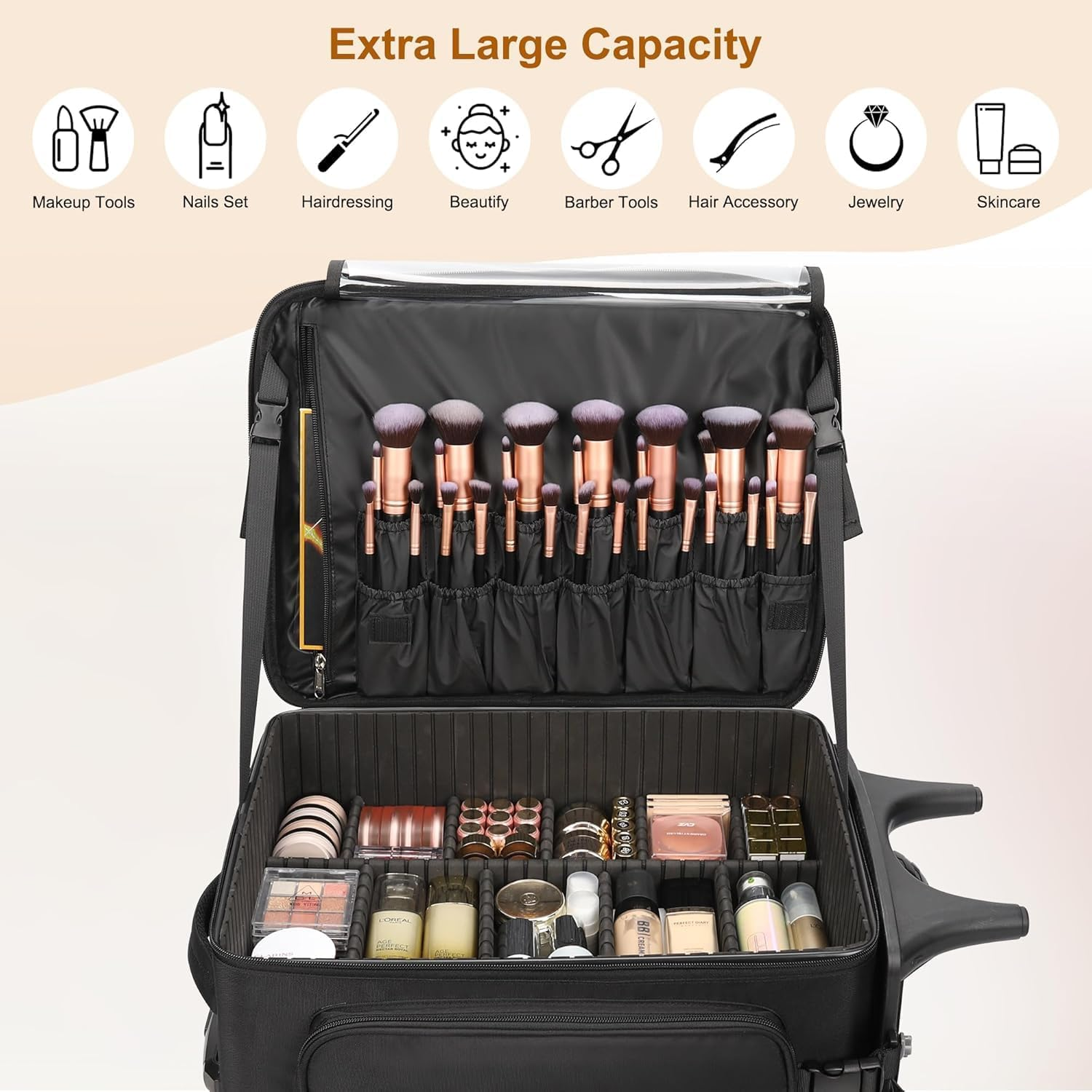Relavel Rolling Makeup Case with 4 Small Bags, Large Make up Travel Organizer with 2 Big Wheels, Professional Lockable Makeup Artist Backpack with Adjustable Dividers for Daily Use, Trip - Black image number 3