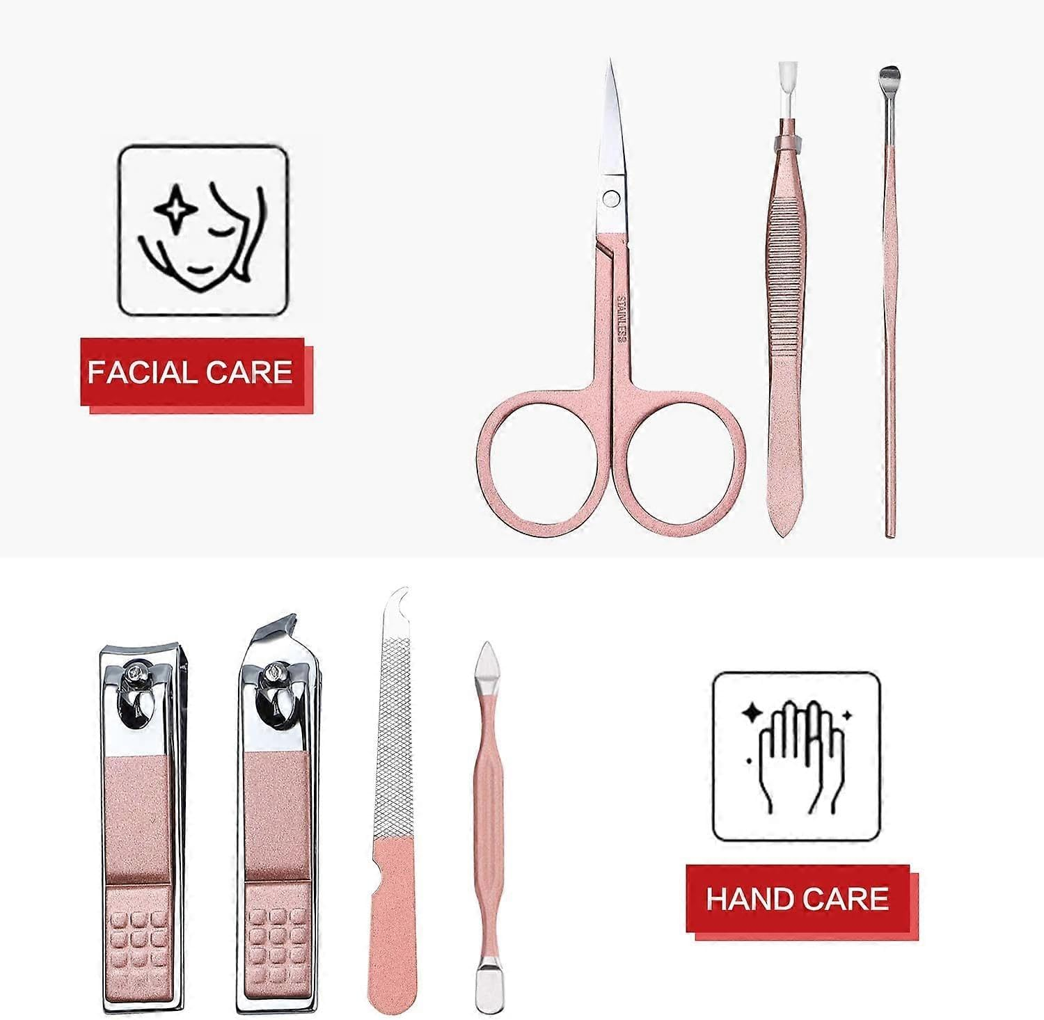 7 Piece Manicure Set, Nail Clipper Set, Manicure Pedicure Kit Stainless Steel Eyebrow Trimmer, Tweezers, Nail File, Cuticle Pusher, Nail Clippers in Pink PU Leather Case - Travel Kit & Home Use image number 3
