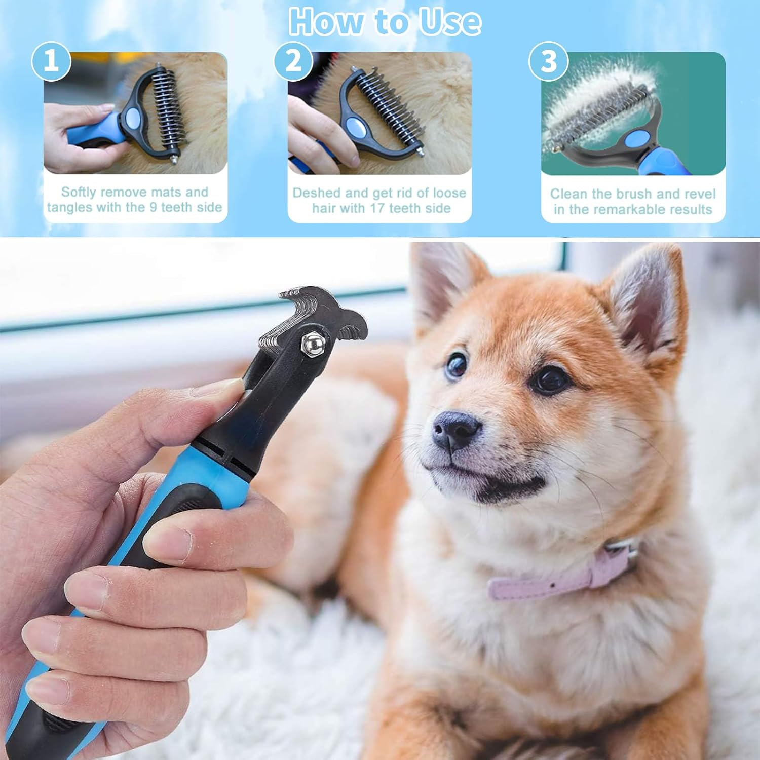 2 PCS Professional Dog Cat Grooming Brush, Double-Sided Pet Shedding Grooming Tool, Dematting Comb for Effective Hair Removal, Undercoat Rake Comb for Deshedding, Mats, Tangles Removing (Red) - Blue image number 5