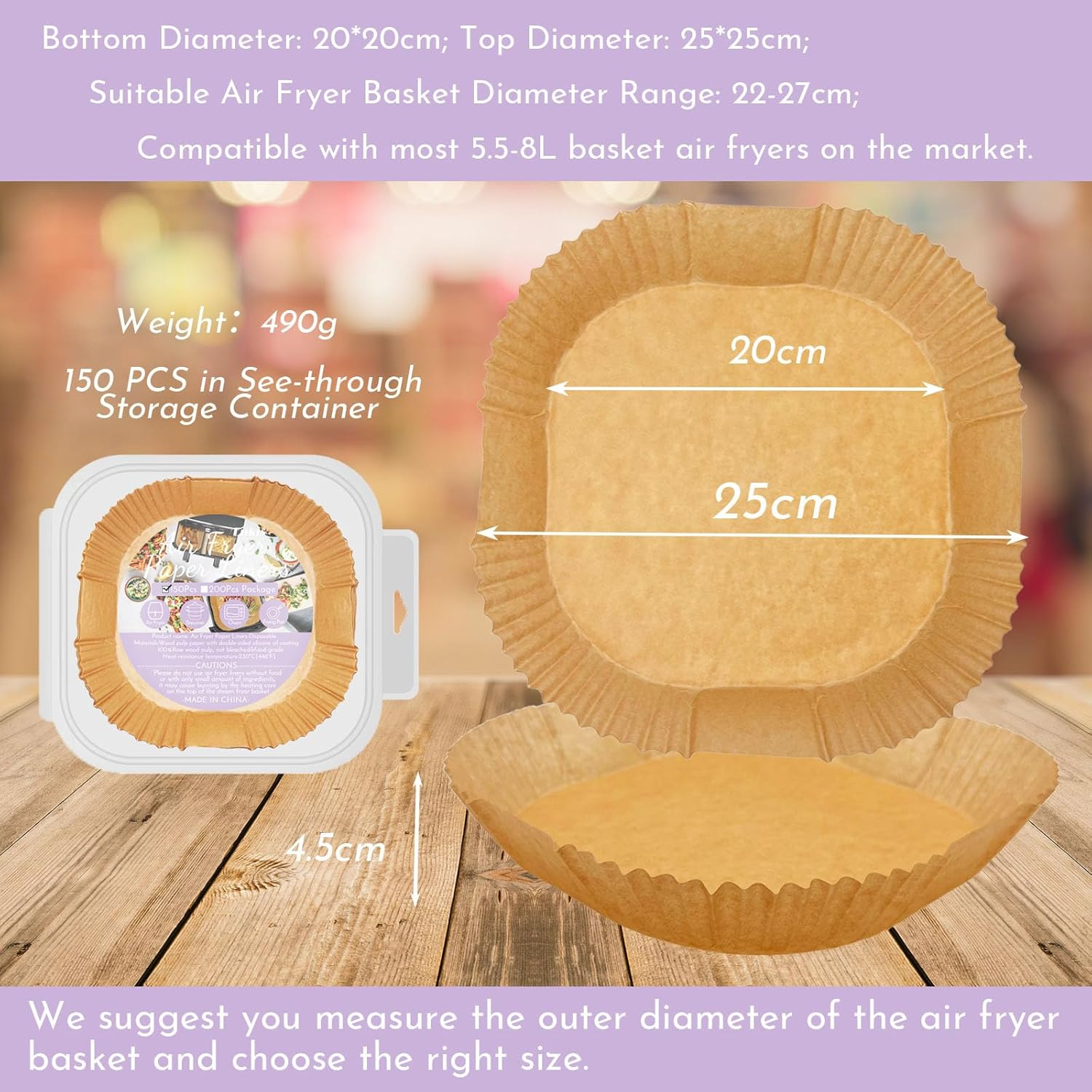 Enkis Air Fryer Liners, 150Pcs Air Fryer Paper Liners Square-9.8Inch/25Cm*4.5Cm, Non-Stick Air Fryer Parchment Liners, Air Fryer Disposable Paper Liner for 5L-7.5L Air Fryer (Large-25Cm) image number 3