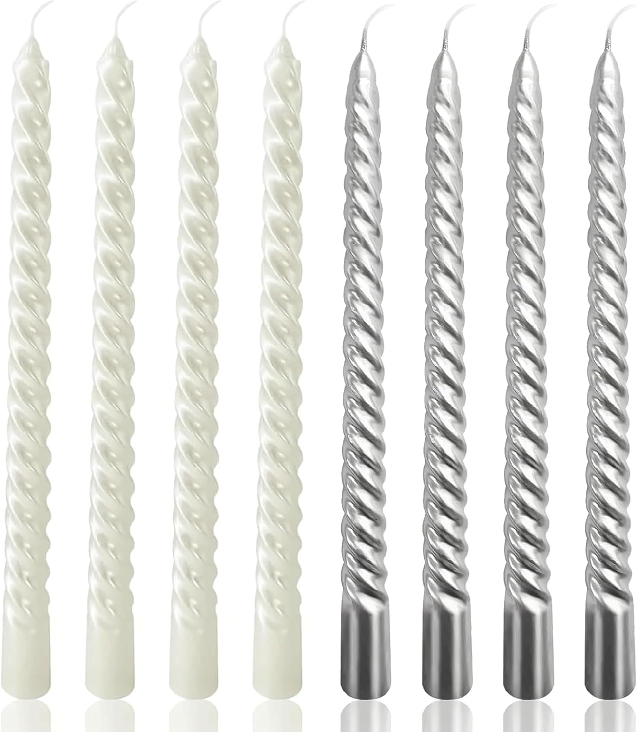 VIKY Pack of 8 Tapered Candles Drip Candles 25 Cm Long - 4 X Silver Candles & 4 X White Candles - Twisted Taper Candles in Silver White for Christmas Decoration, Frosted Winter Decoration, Candle image number 4