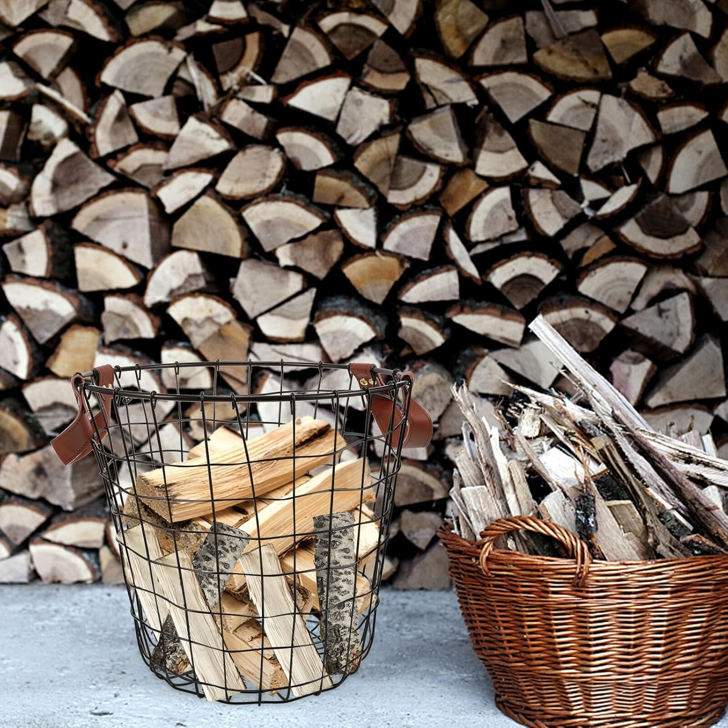 Large round Metal Firewood Basket with Handle Heavy-Duty Wire Log Holder for Fireplace and Outdoor Storage Multipurpose Indoor Fire Storage Rack for Magazines image number 4