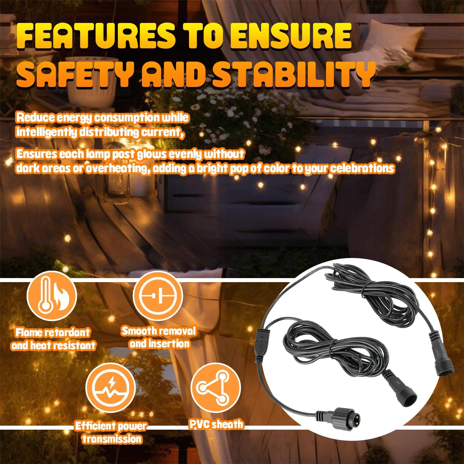 HUAREW 5M Y Extension Cable for Christmas Lights, 2 Pin Extension Cable with Male and Female Connector for Outdoor String Lights G40, Ice Cube Lights, Garden image number 3