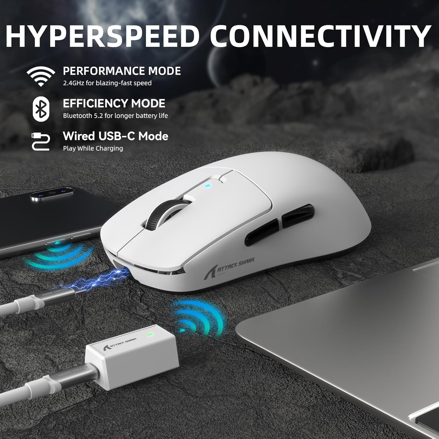 Attack Shark R6PRO 39G Superlight Wireless Gaming Mouse,Pixart PAW3950MAX 42000 DPI,MCU Nodic 52840 Computer Mouse,8K Polling Rate Web Driver,Bt/2.4Ghz/Wired Tri-Mode Mice with Coiled Cable-White image number 6