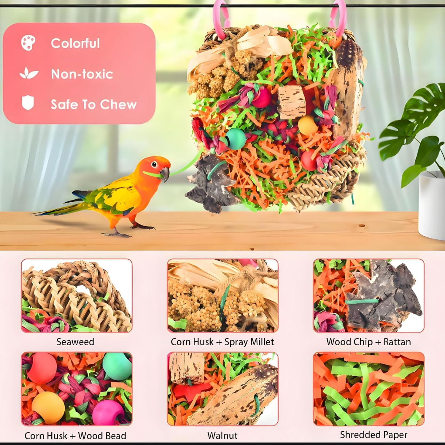 RUIFEN 7.5X7.5In Natural Bird Chew Toy for Small & Medium Parrots &ndash; 3-In-1 Climbing Net with Corn Leaves/Straw Rope/Paper Shreds, Safe for Budgies, Cockatiels & Conures image number 3