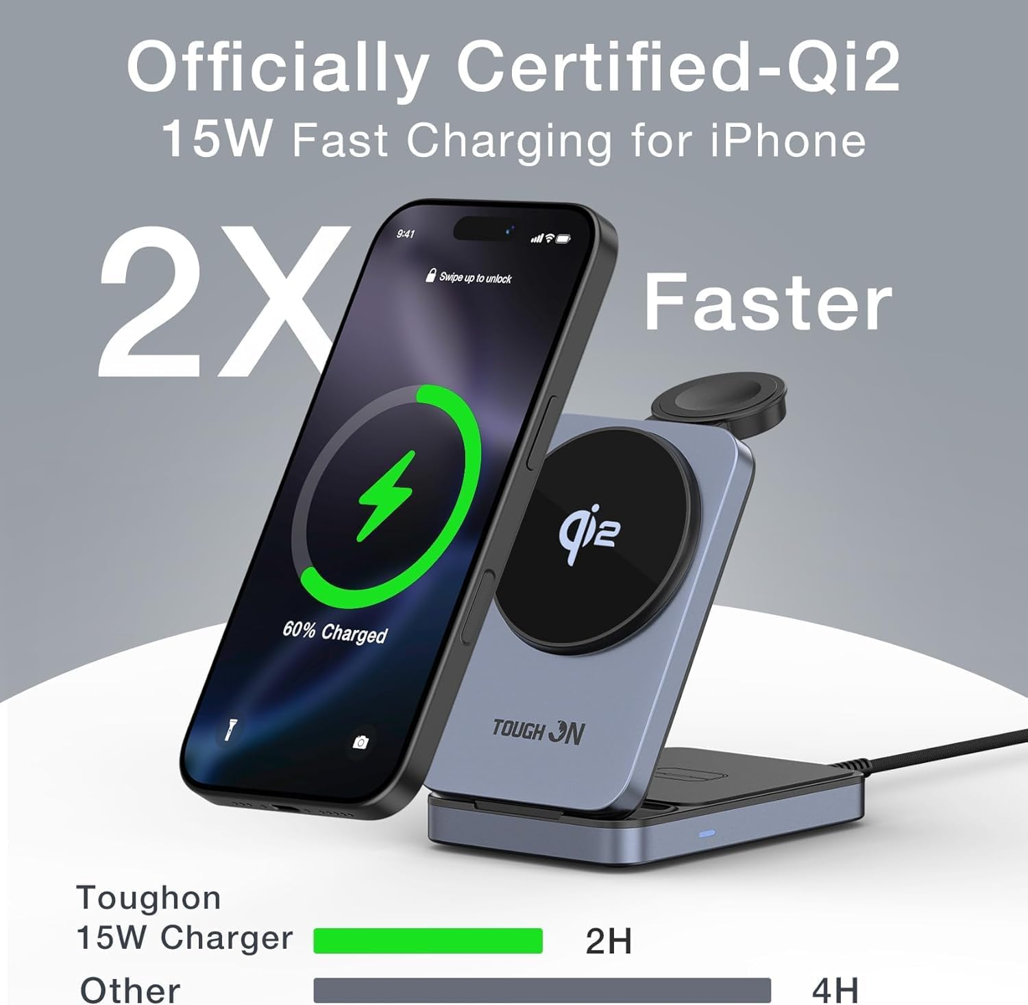 TOUGH on Qi2 3 in 1 Wireless Charging Station for Apple, Qi2 15W Wireless Charger for Iphone, Compatible Magsafe Wireless Charger Stand for Multiple Devices Iphone 16/15/14/13/12, Apple Watch, Airpods