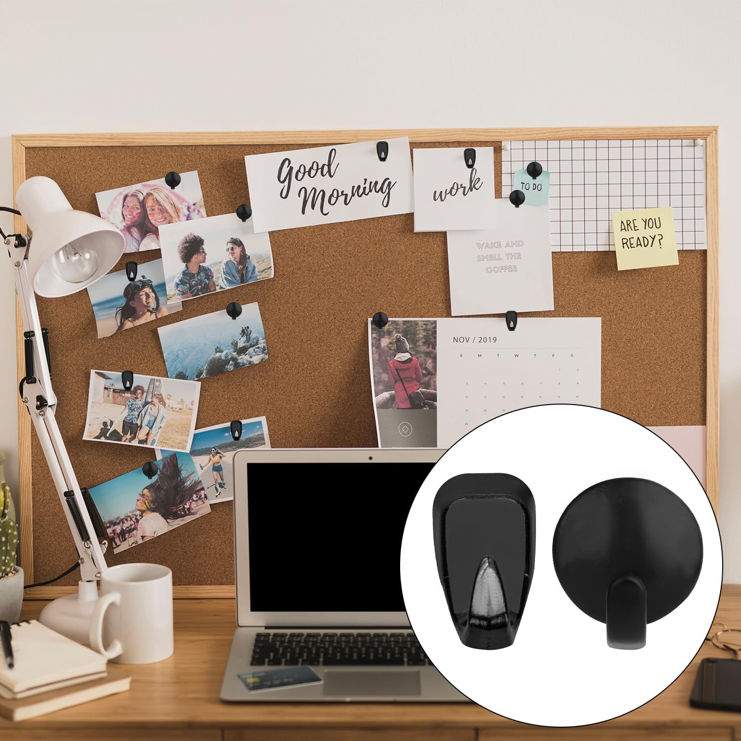 NQEUEPN 20Pcs Cubicle Hooks, Metal Cubicle Clips for Fabric Small Walls Push Pin Hooks Picture Hanger Nails Push Pin Hangers for Office Home Kitchen Cork Board Cubicle Supplies (Black) image number 2