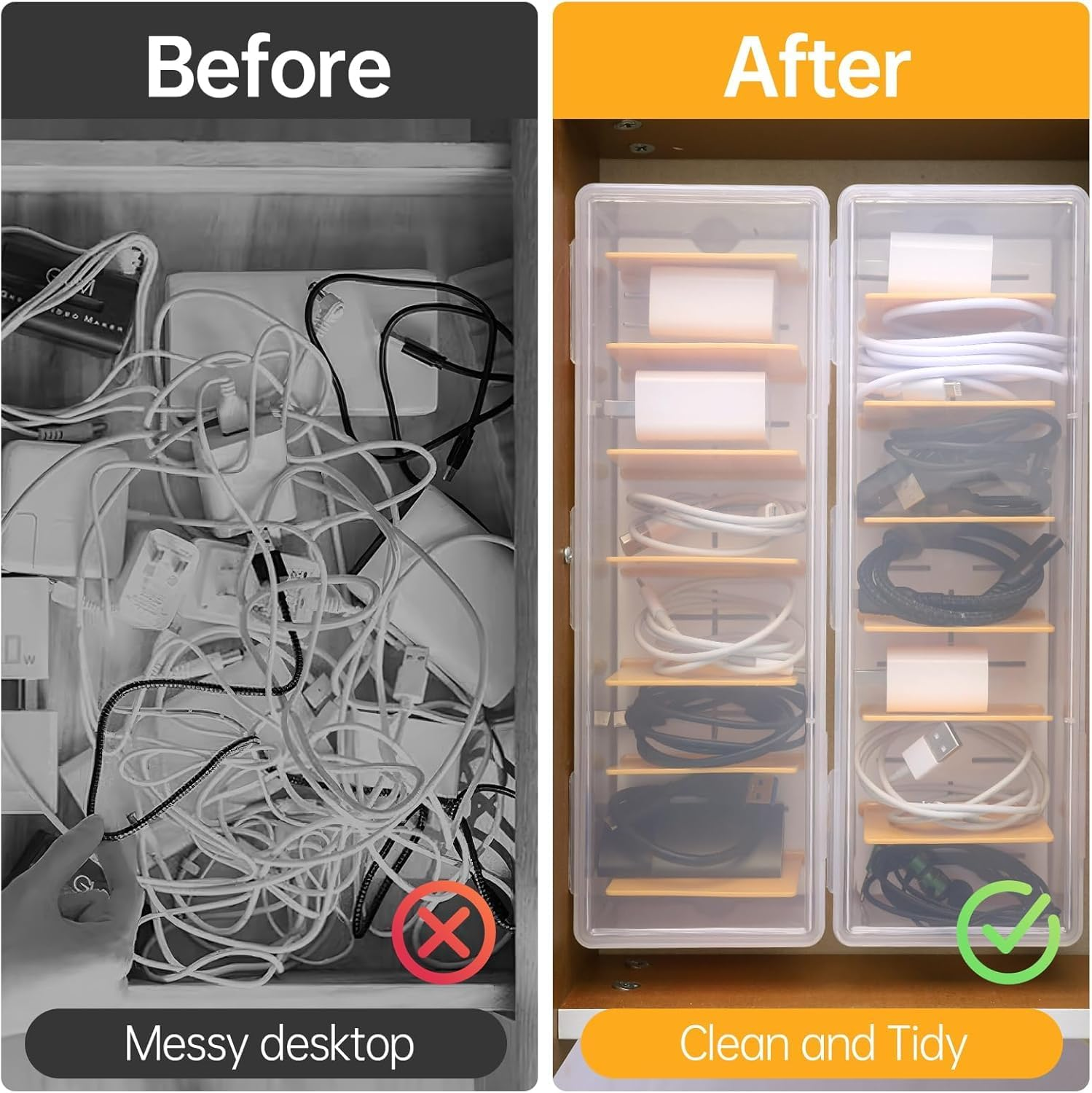 Clear Cable Organizer Box with Lid, Stackable Storage Container for Chargers and Cords, Office Desk Accessories (2)