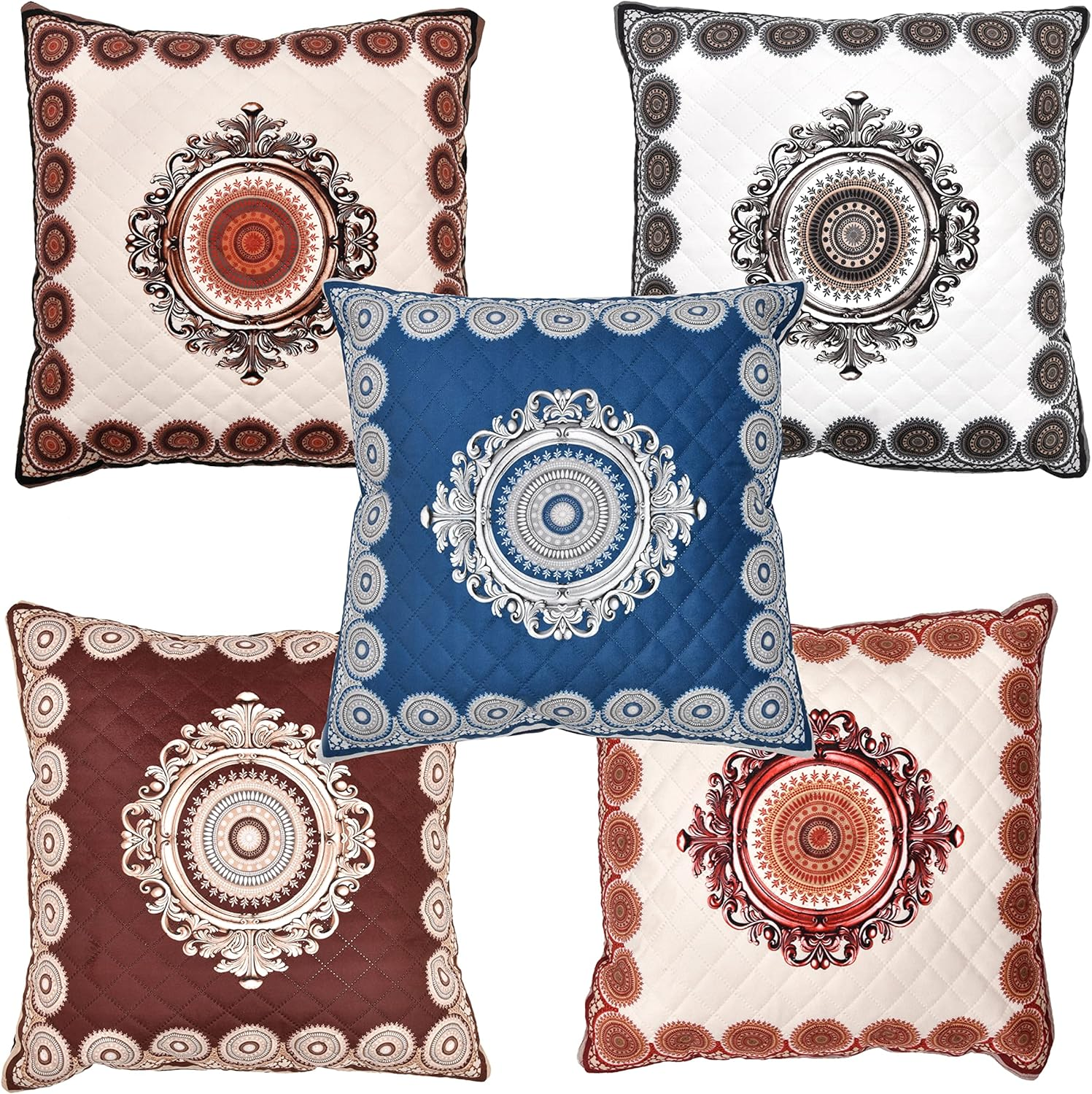 Flying Trade Indian Ethnic Bohemian Set of 5 Decorative White Base Colorful Square for Sofa Set Home Decorative Design Boho Throw Pillow Case Cotton Cushion Cover (Quilted Cotton, 16X16) image number 7