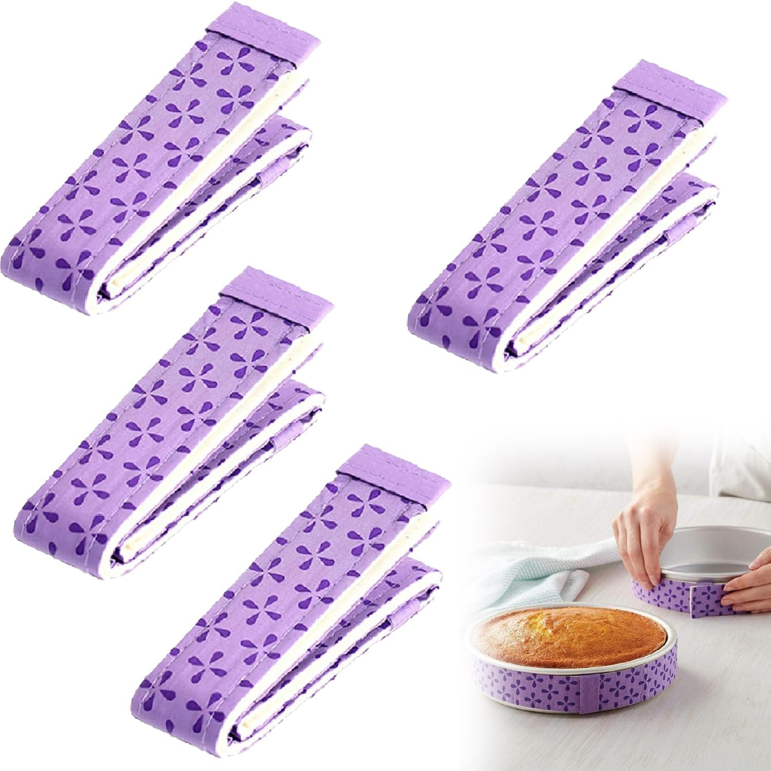 Wzenclave 4Pcs Bake Even Strip Cake Pan Strips Adjustable Baking Tray Protection Straps for Home Kitchen Baking Supplies Absorbent Keep Cakes More Level and Prevents Crowning with Cleaner Edges image number 1