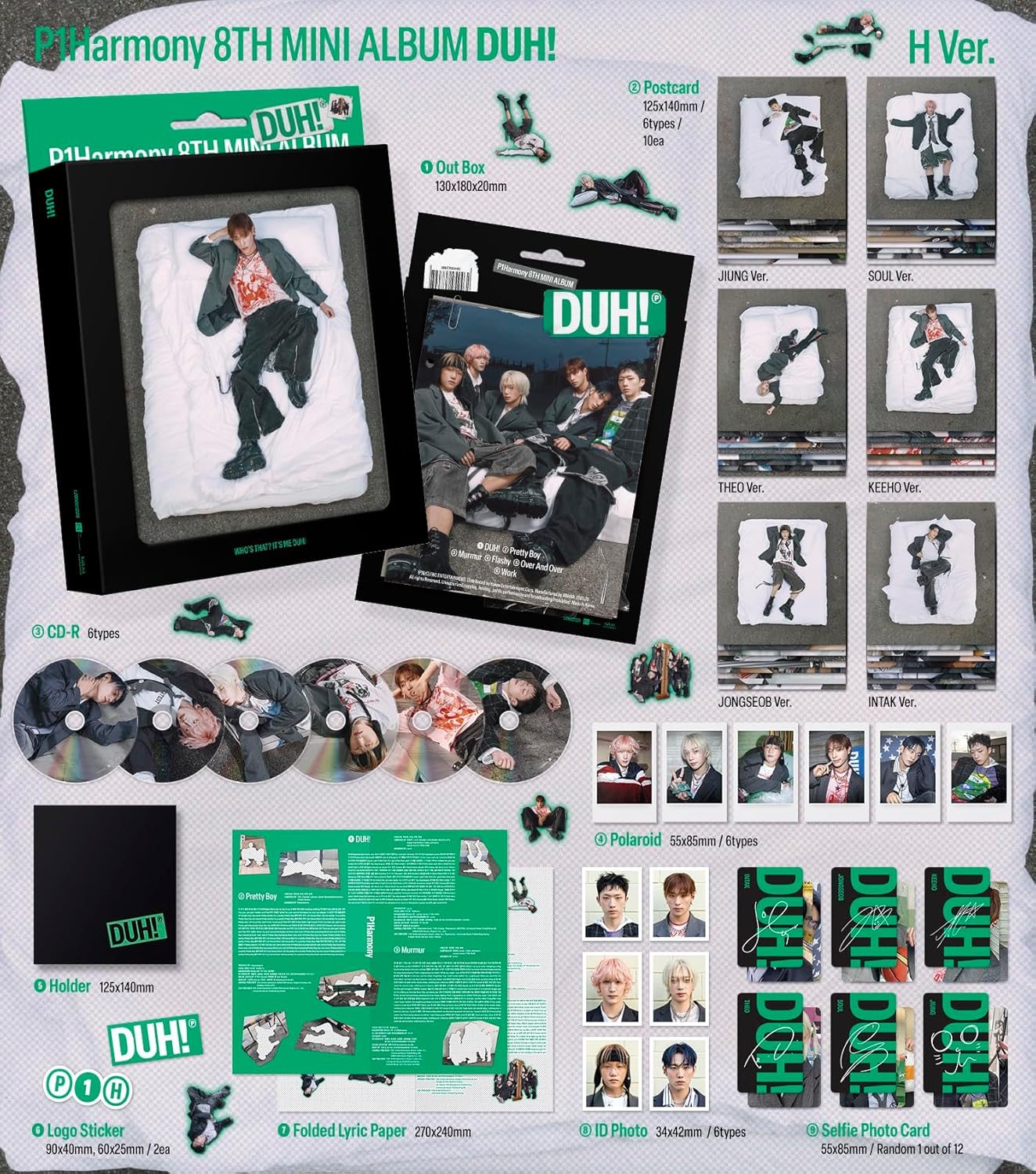 P1Harmony DUH! 8Th Mini Album with Tracking Sealed P1H (4 Version Set(1Standard+1H+1Fancy+Nemo)) image number 2