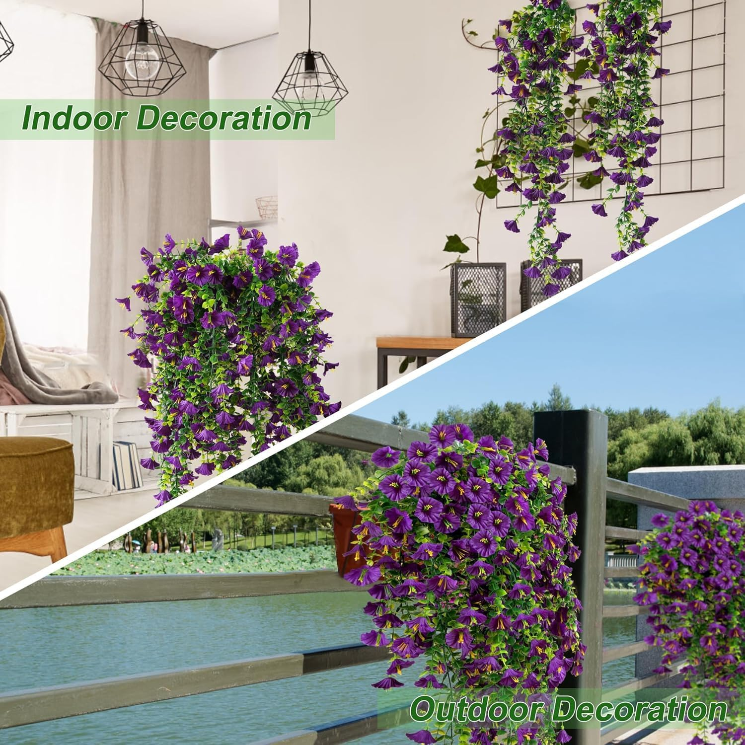 Artificial Hanging Flowers for Outdoors, 5Pcs UV Resistant Faux Petunias, Realistic Fake Silk Long Vines Morning Glory Eucalyptus for outside Indoor Planter Porch Patio Home Decor (Purple) image number 1