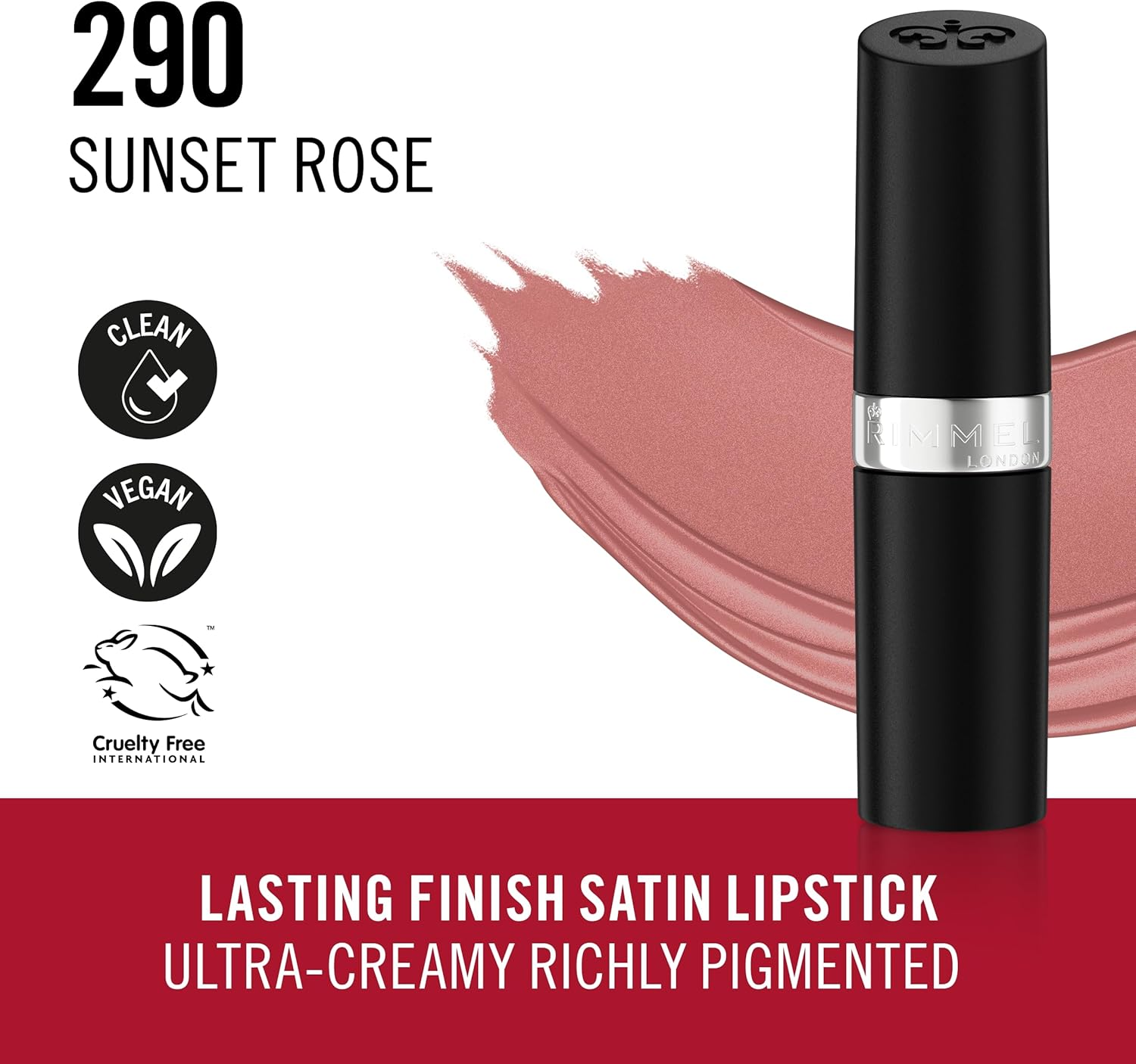 Rimmel Lasting Finish, 290 Sunset Rose, Satin Lipstick, Long-Lasting, Satin Finish, Rich Colour, Moisturising, Vegan Formula image number 2