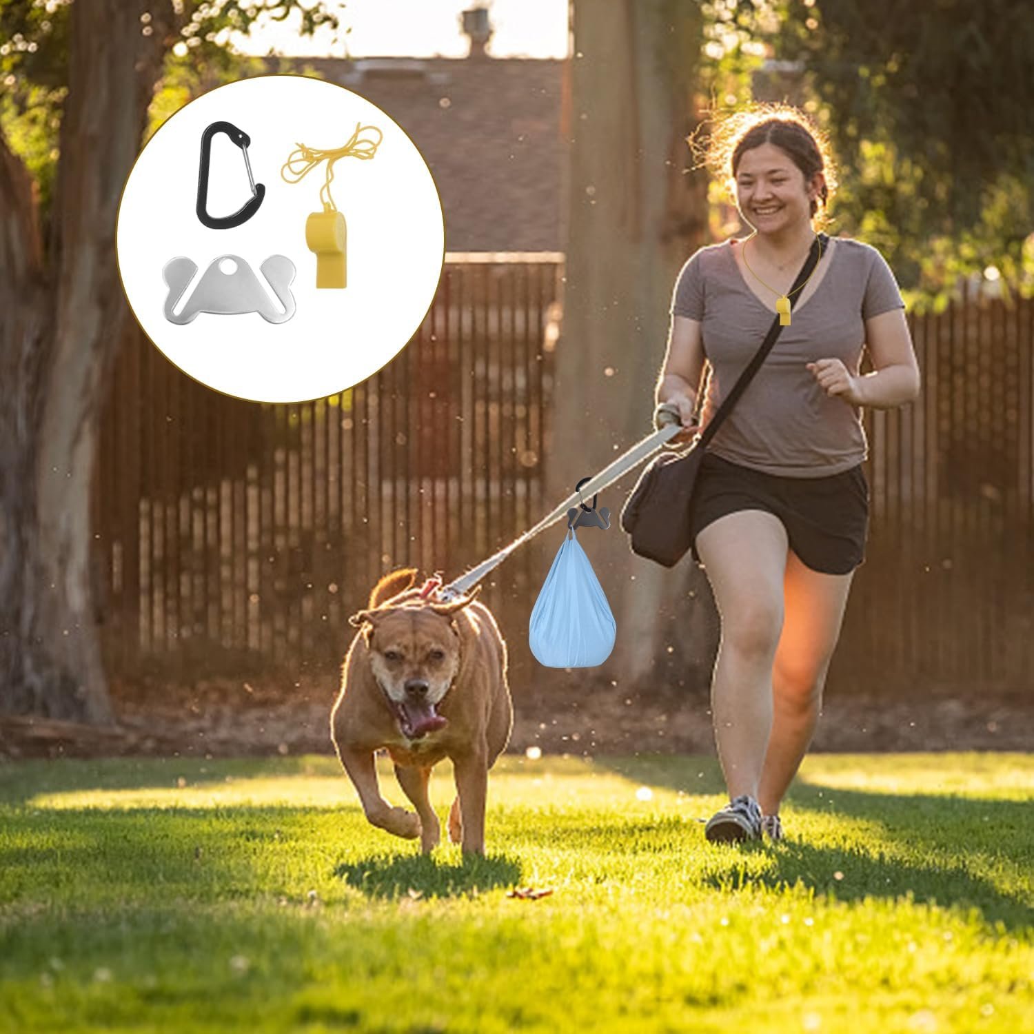 UDNFHL Pack of 2 Metal Pet Bin Bag Holders, 2 Pieces Plastic Whistle, with Carabiner, Reusable, Dog Bag Clip.