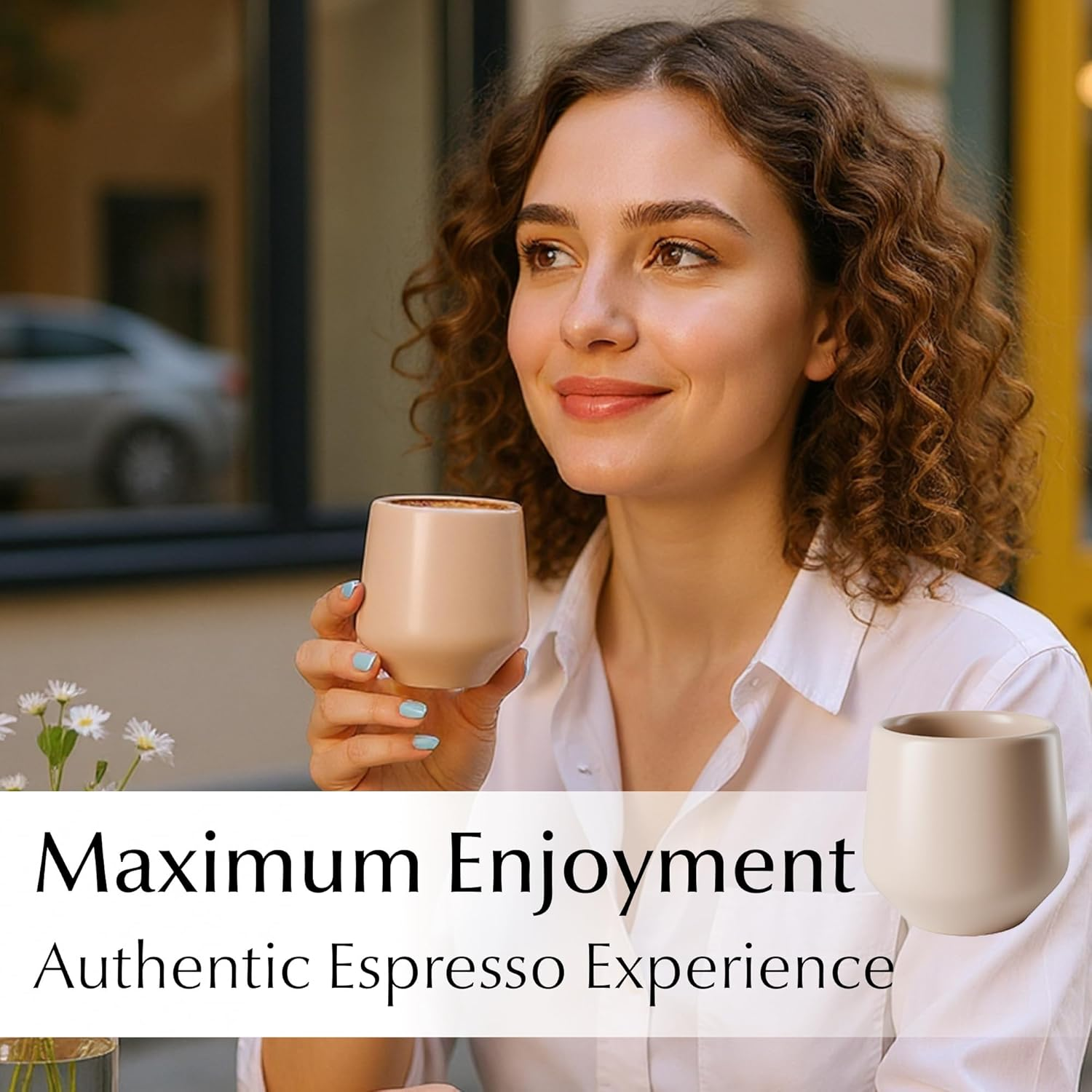 MIAMIO - Espresso Cups Set of 4 (90 Ml) / Espresso Cup, Ceramic Espresso Cups, Handleless Mug, Japanese Tea Cups - Luxe Collection (Beige Pastel) - White image number 6