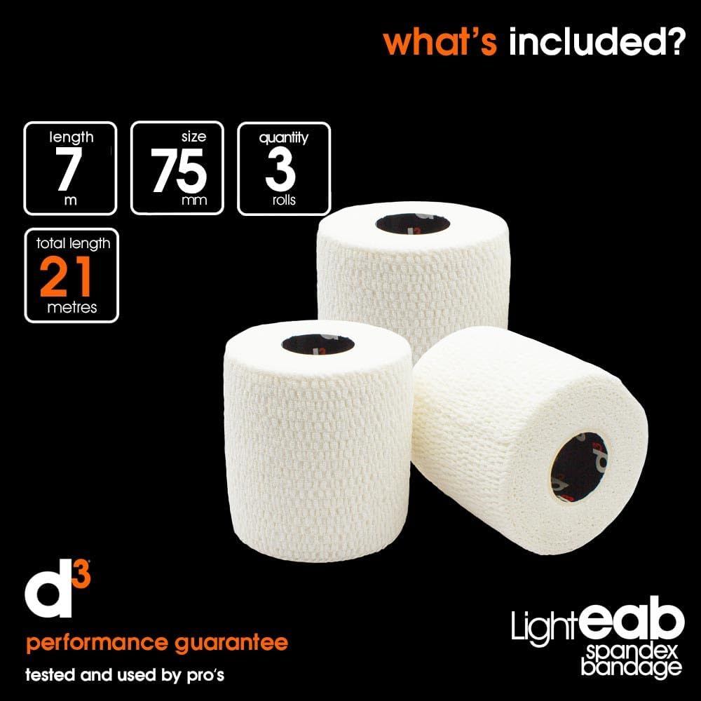 D3 Light Rip EAB Elastic Adhesive Bandage White 75Mm X 7M (3 Rolls) Hand-Tearable Thigh, Knee, Shoulder & Elbow Rugby Lineout Lifting Tape & Joint Injury Medical Strapping image number 1