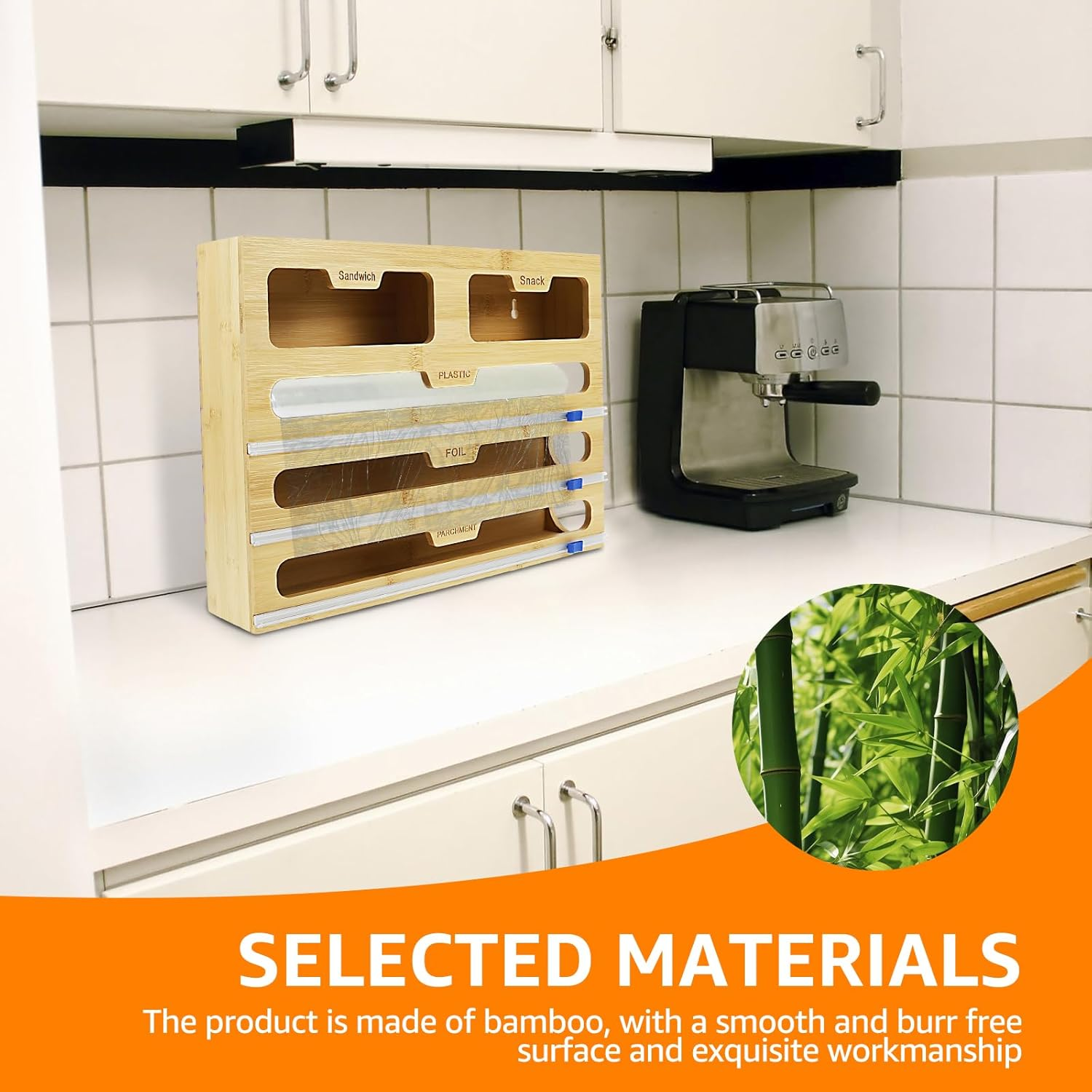 5 in 1 Bamboo Plastic Wrap Dispenser with Cutter Versatile, Foil Dispenser and Cutter for Kitchen Storage Drawer Organization,Cling Film Dispenser for Restaurant Bakeries Fruit Store