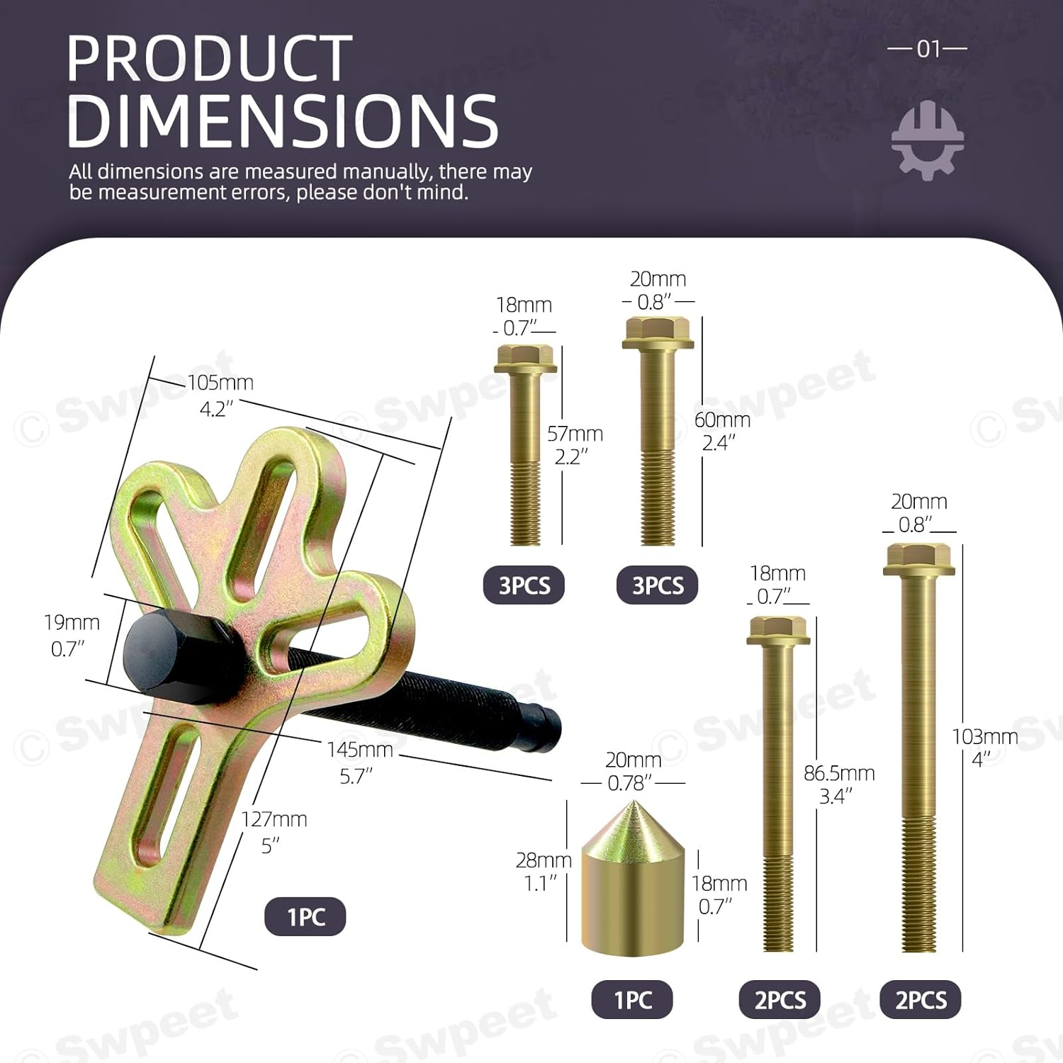 Swpeet 13Pcs Harmonic Balancer Steering Wheel Puller Kit Includes Web Plate Pressure Tip and Screw 10Pcs 2/3/4" Bolts for Flywheel Puller Gear Puller Steering Wheel Puller and Crankshaft Pulley Puller image number 4