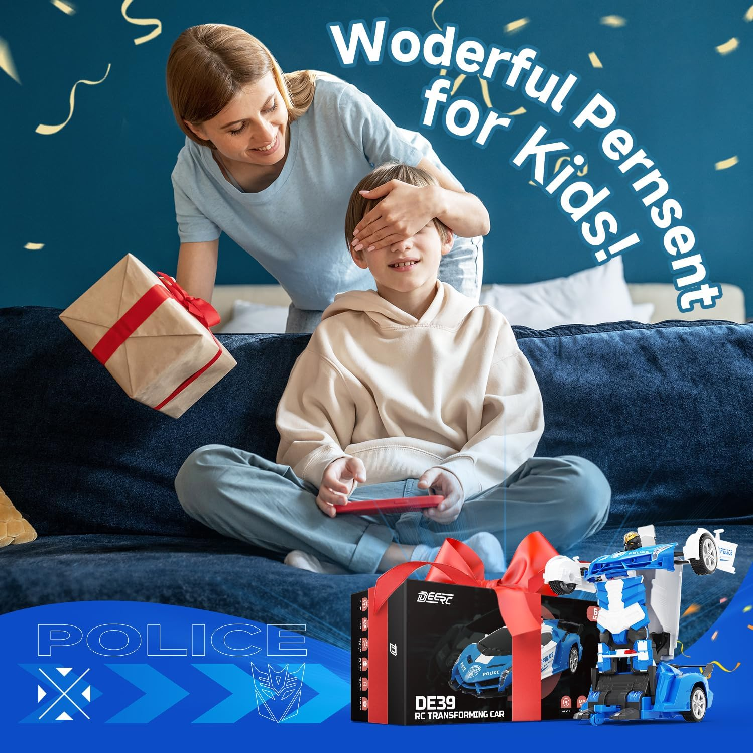 DEERC RC Police Car Transform Robot, 2.4Ghz Remote Control Police Cars for Kids, 1:18 Scale Robot Toy Car W/One-Key Transformation, 360&deg; Rotation, Auto Mode, Rechargeable Battery, Robot for Man Boys image number 6