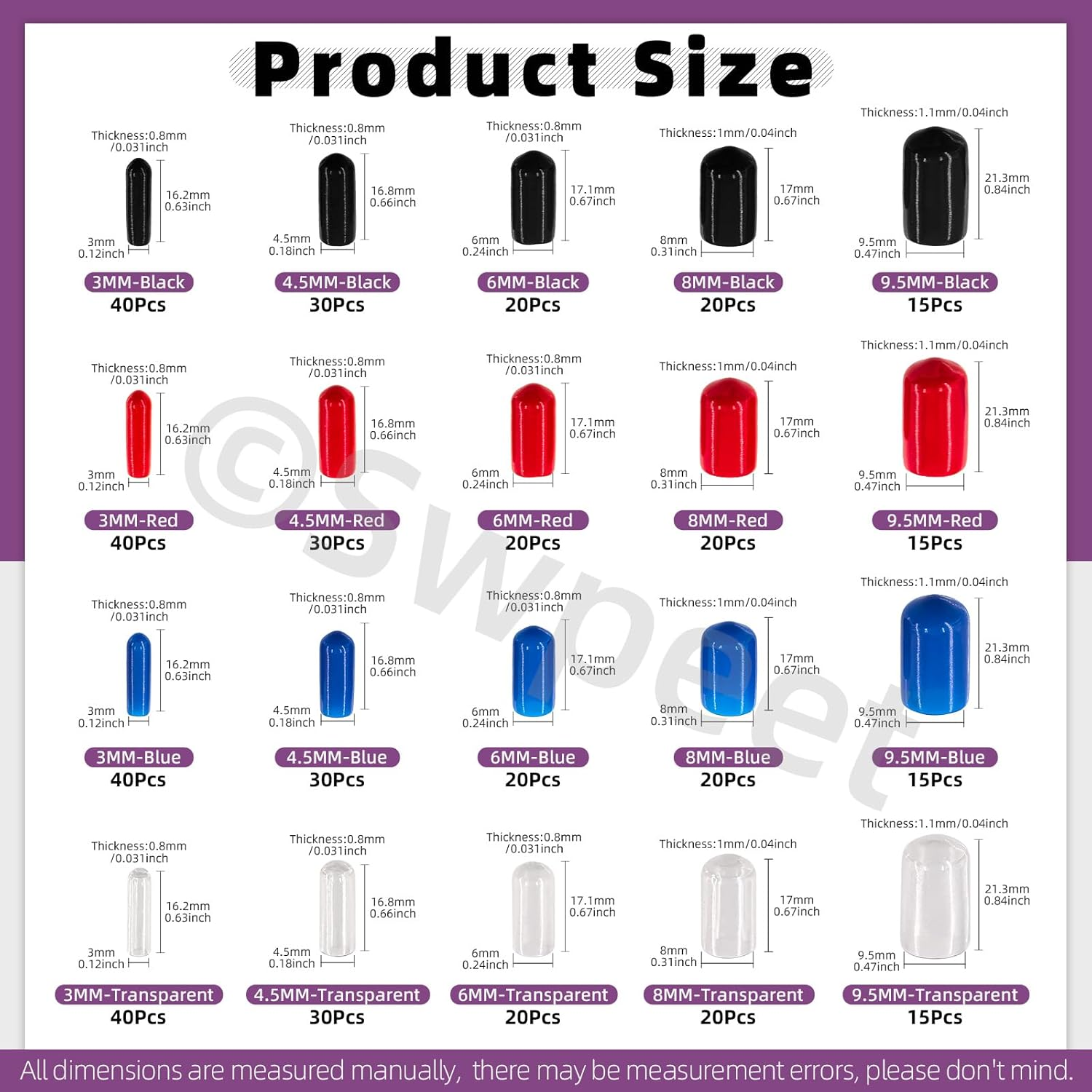 Swpeet Vinyl Rubber End Caps, 150 Pack Flexible Bolt Screw Covers Caps round Thread Protector Caps for Metal Tubing Rod Bolts, Black (500) image number 5