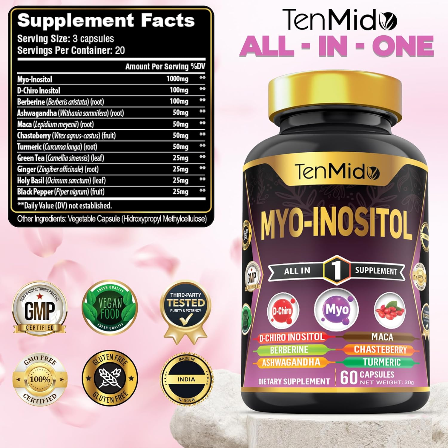 Tenmido Myo-Inositol Supplement for Women &ndash; Blend D-Chiro Inositol, Berberine, Ashwagandha, Maca, Chasteberry, Turmeric, Green Tea, and More &ndash; 60 Vegan & Non-Gmo Capsules image number 3