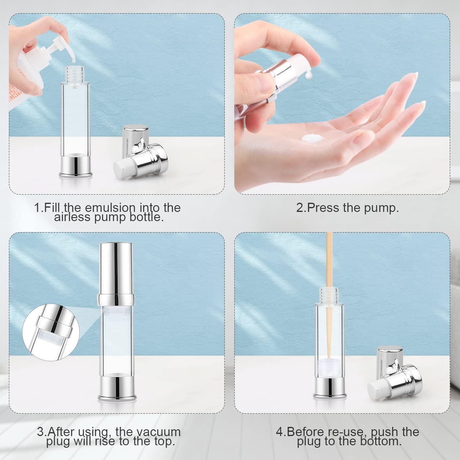 8 Pack 10Ml/0.34Oz Plastic Airless Pump Bottle Refillable Lotion Containers Empty Pump Press Vacuum Dispenser for Travel Cosmetic Liquid Foundation Essence Gel Emulsion Toiletries Sample image number 3