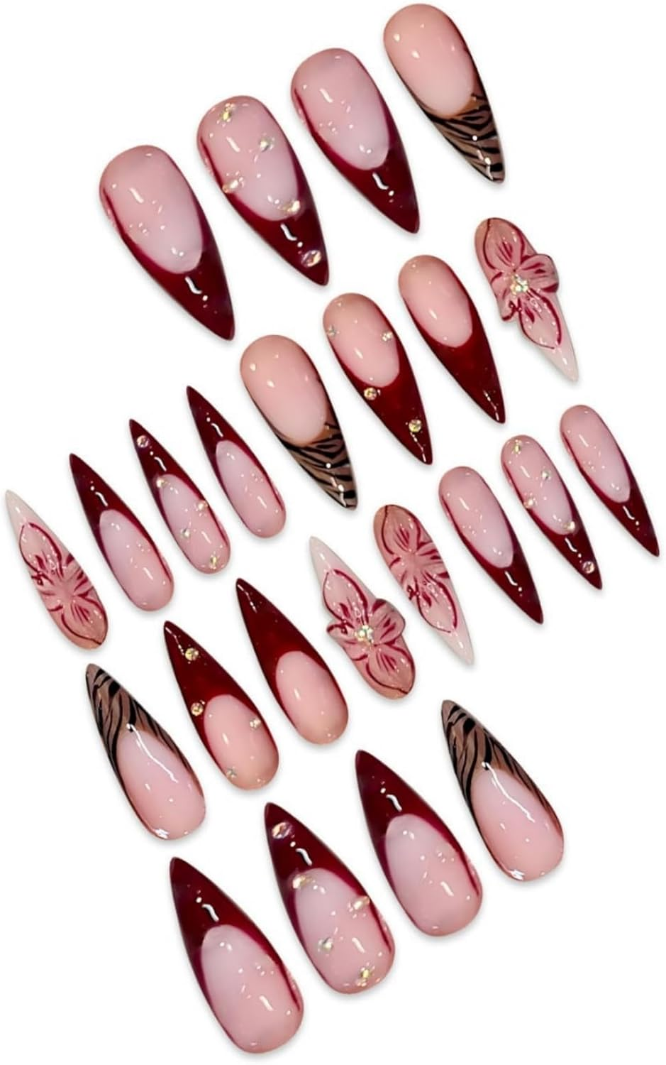 24Pcs Long Press on Nails Stiletto French Brown Pink Flowers Handmade False Nails with Leopard Print image number 5