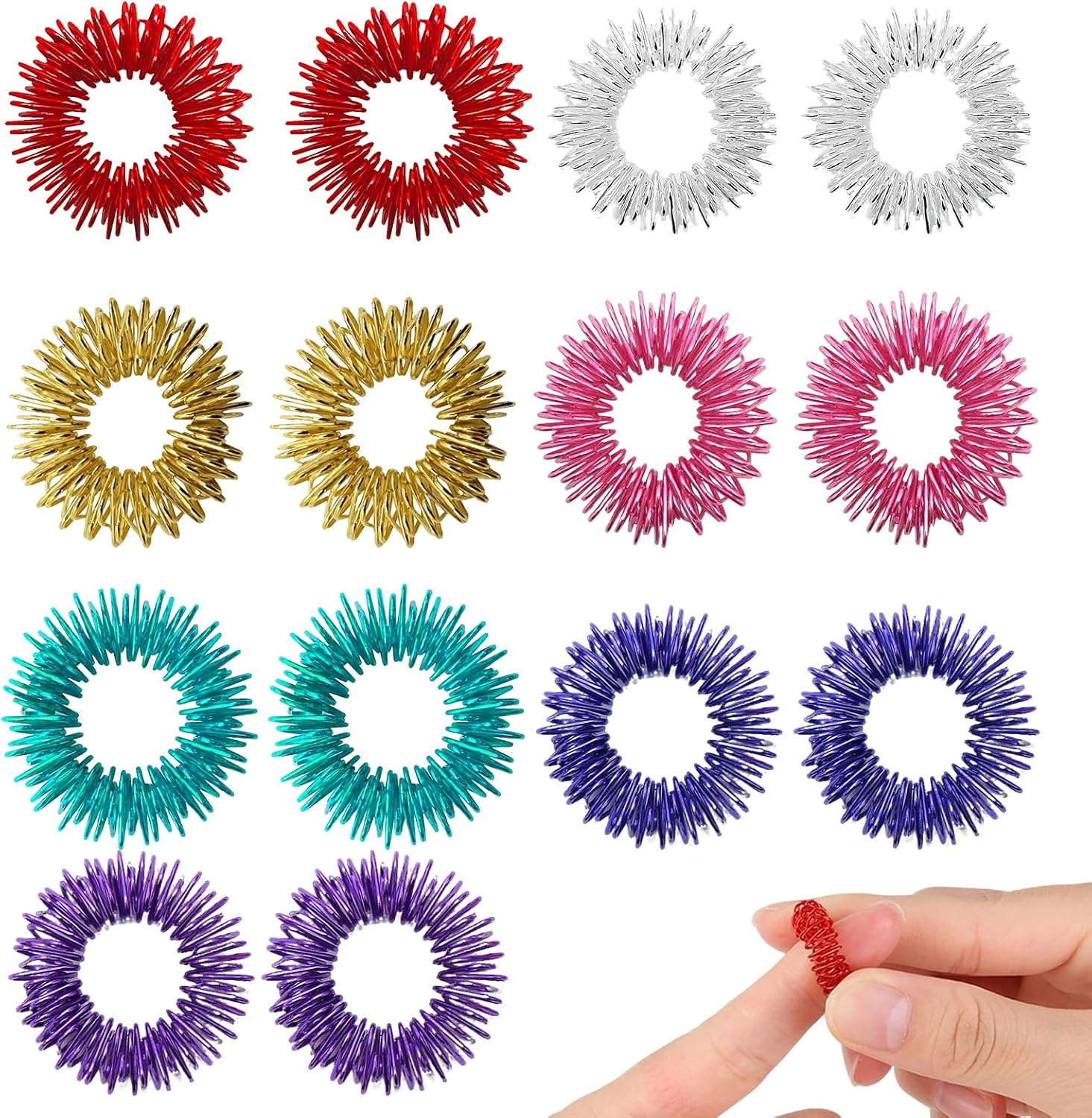 14 Pcs Spiky Sensory Ring Set, Silent Stress Reducer Fidget Rings, Multi Color Mini Spring Finger Massager Acupressure Ring Spring Focus Relaxation Anxiety ADHD Autism Stress Relief