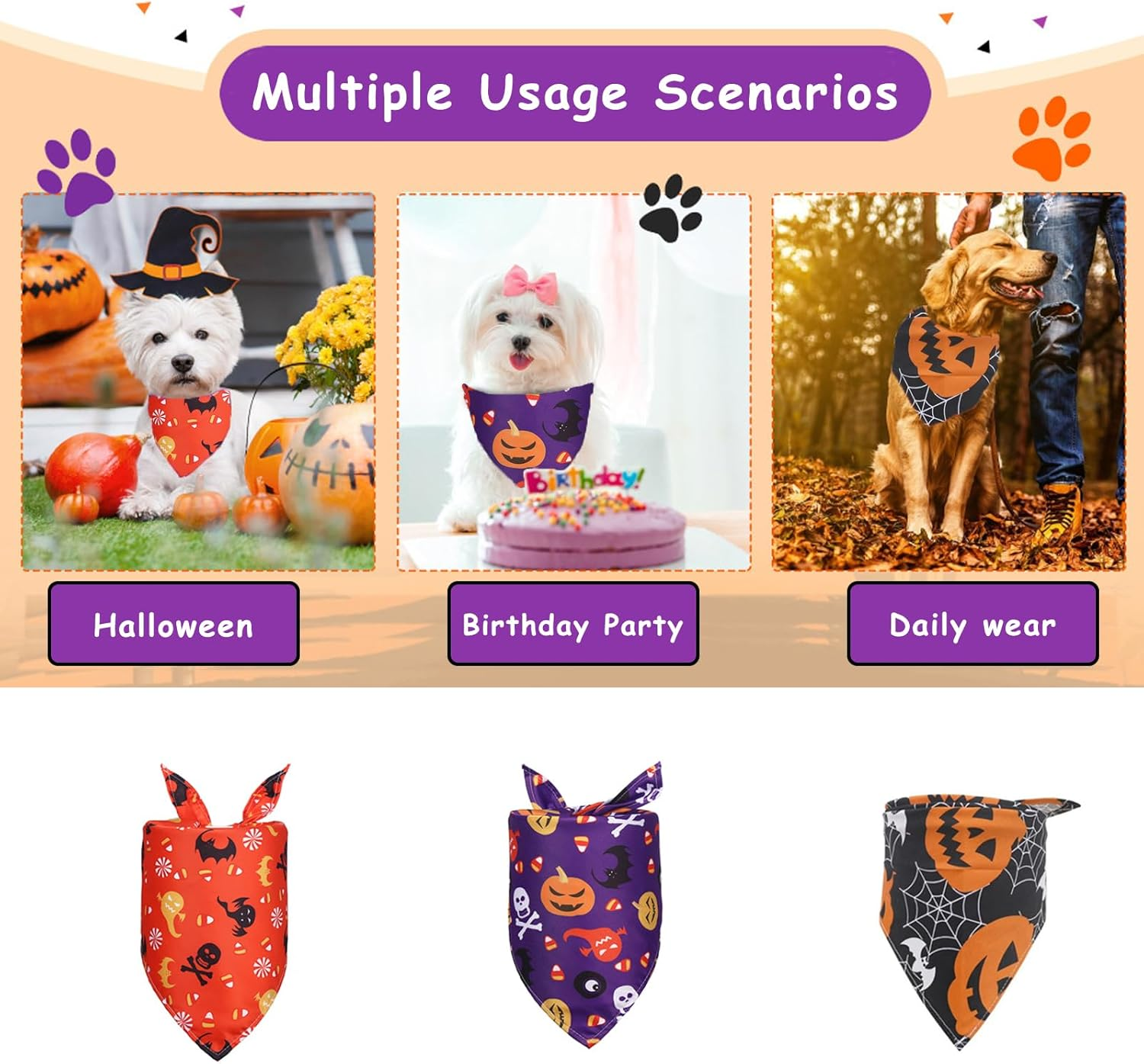 RTRTGS Pack of 3 Halloween Dog Scarf, Pet Scarf, Dog Scarf, Washable Triangular Dog Scarf, Ghost Pattern Pet Scarf for Halloween and Thanksgiving (M:65 X 42 X 42 Cm) image number 5