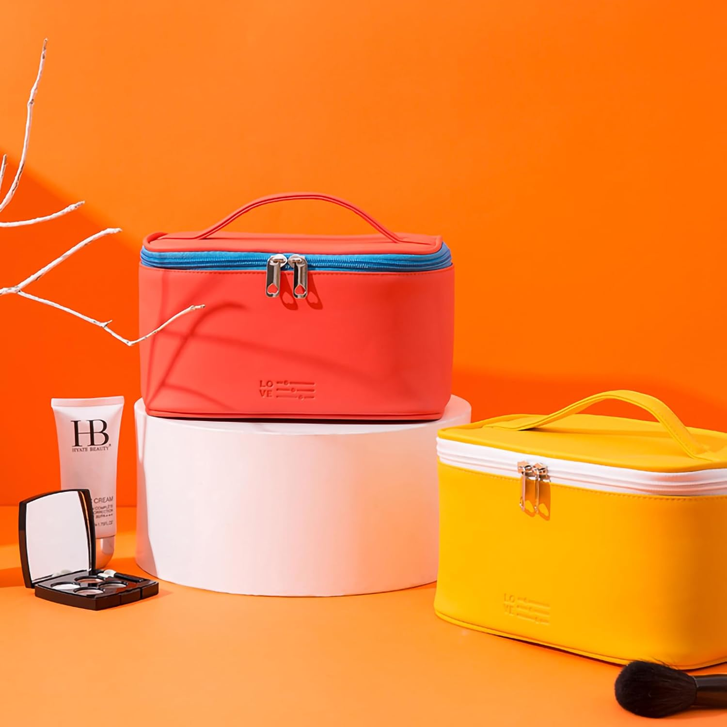 Light Blue PU Leather Travel Water-Resistant Makeup Bag for Women, Large Capacity Organizer with Handle, Cosmetic Bags for Travel Essentials - Pink image number 5