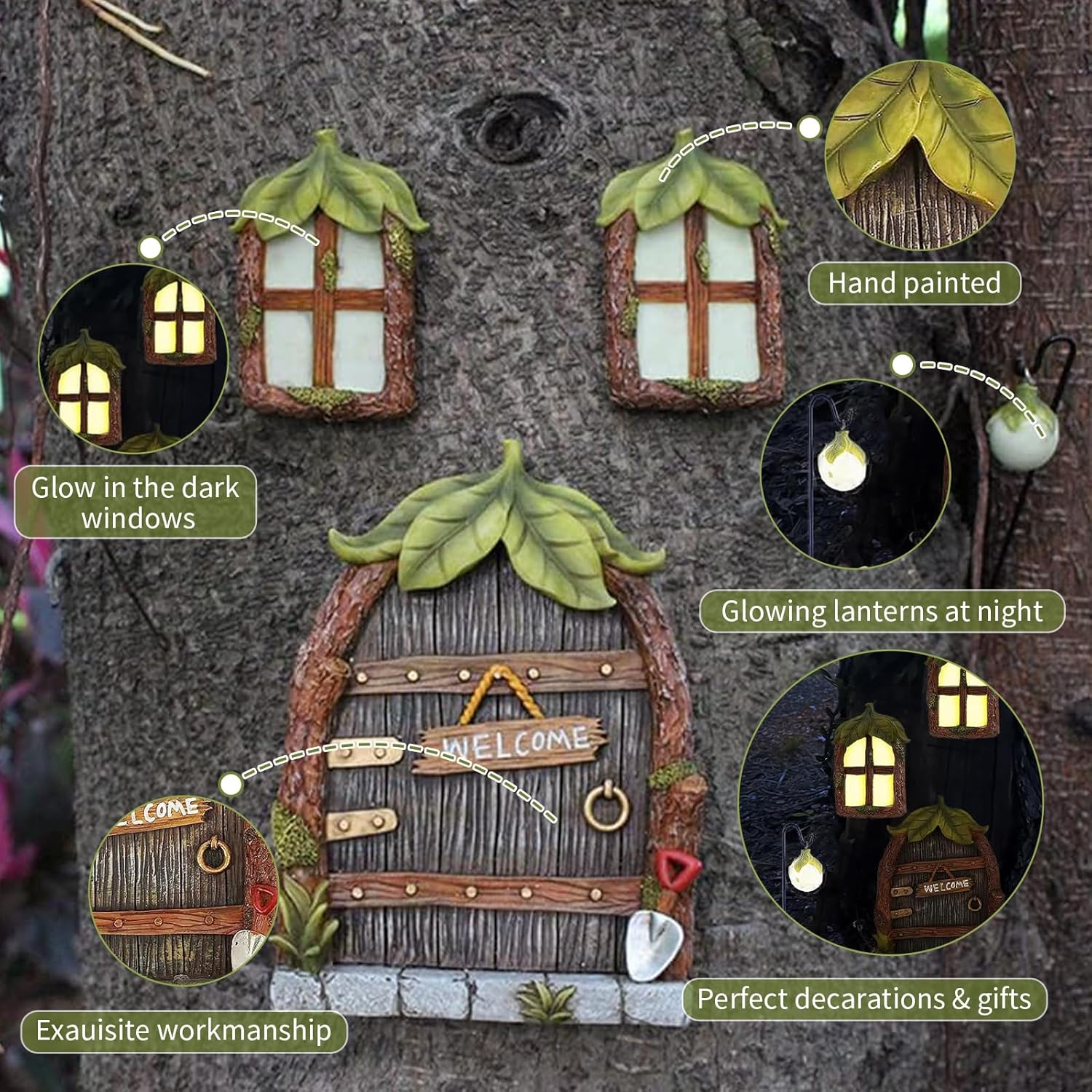 4PCS Fairy Door Decorations Kit, Fairy Door & Window Resin Set, Garden Miniature Fairy Tree Ornaments, Windows Glow in the Dark, Decoration Garden Lawn Ornament, Outdoor Decor Accessories (4)