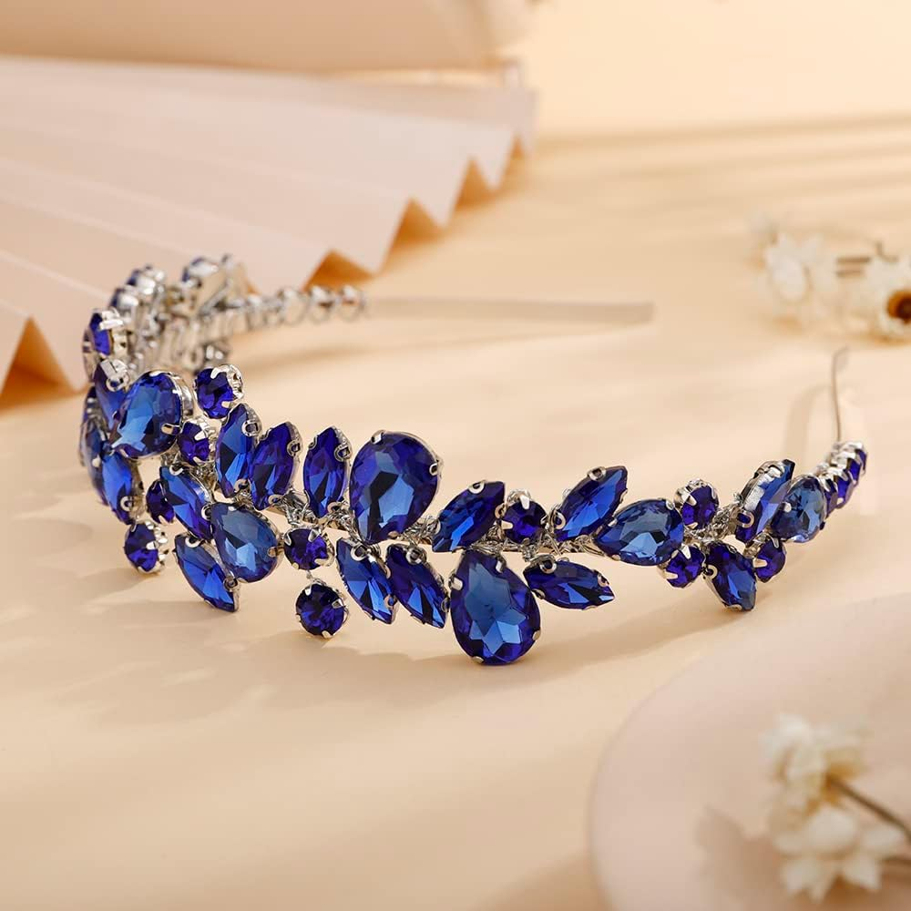 Teyglen Bridal Rhinestone Crystal Headband Blue Crystal Hair Band Handmade Full Crystal Hair Hoop Bridal Wedding Blue Red Black Hair Pieces Vintage Headpieces Hair Accessories for Women Girl (Blue)