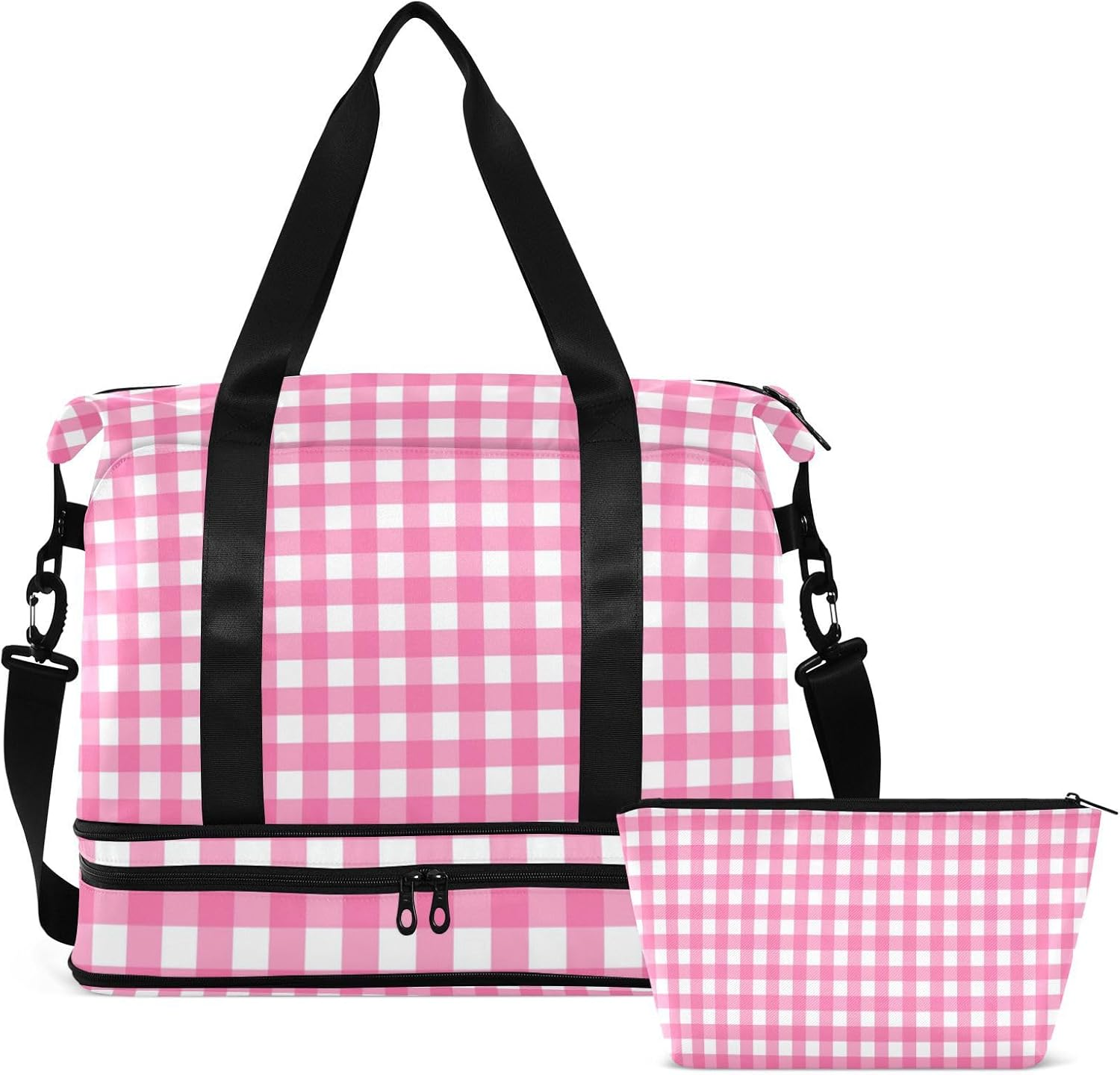 Pink and White Grid Large Bag Travel Weekender Gear Bag with Adjustable Strap for Business Trips Waterproof, Pink and White Grid, 1 Size image number 1