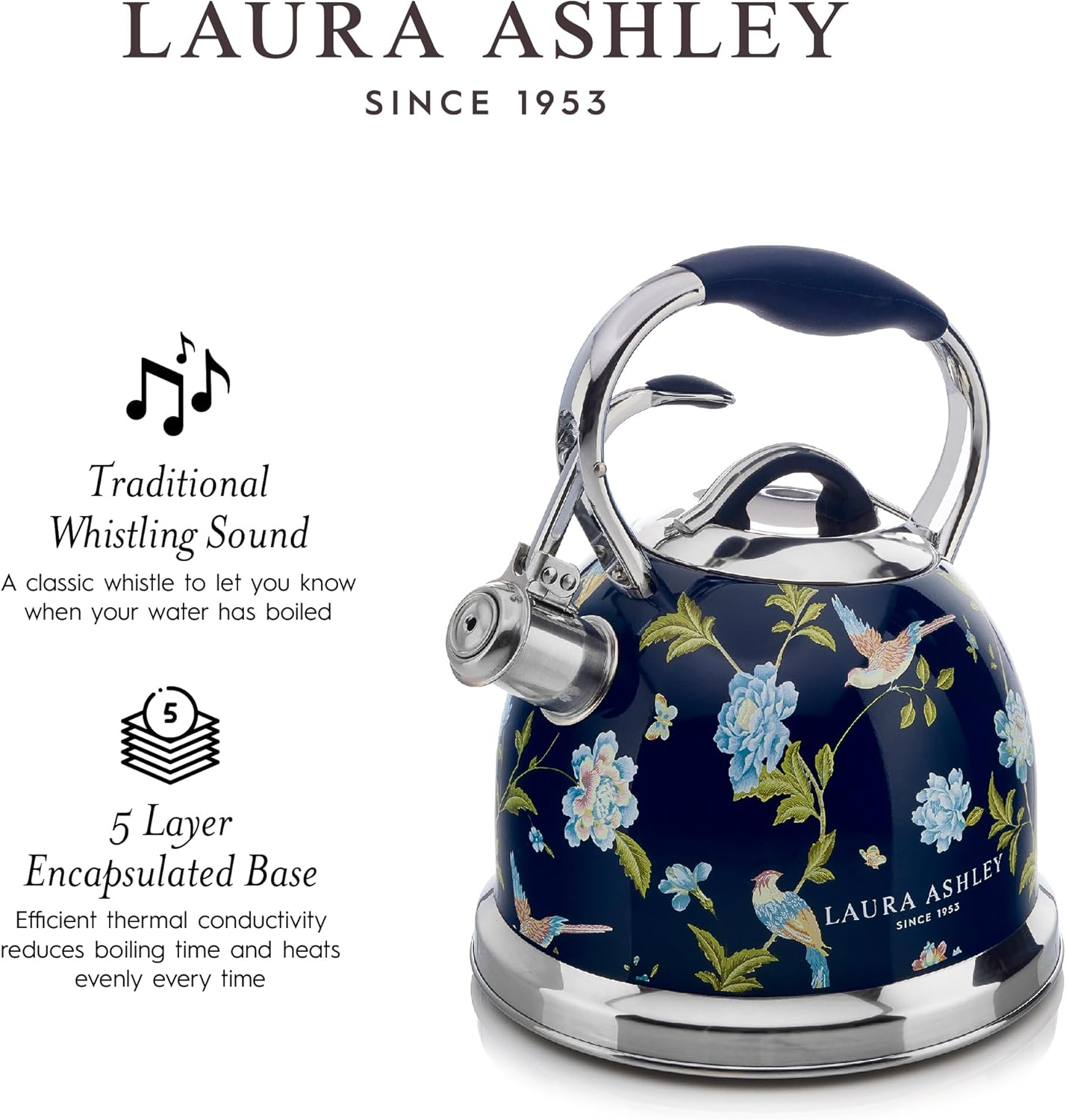 VQ Laura Ashley Elveden Navy 2.5L Stovetop Kettle. Stainless Steel Whistling Stove Top Kettle. Tea Kettle for Gas, Induction Hob & Others. Silicon Coated Cool Handle, Push Button Mechanism Teapot image number 4