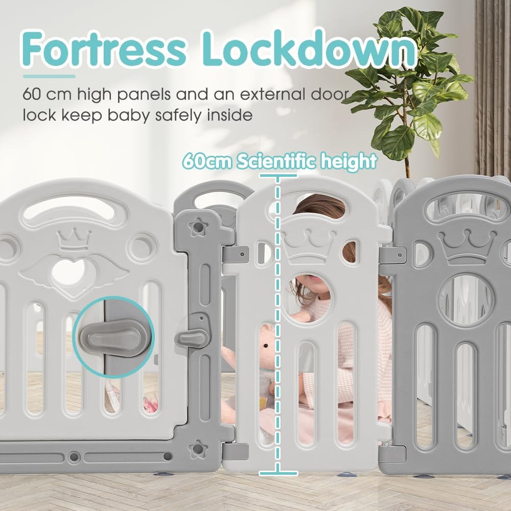Playpals Baby Playpen, 22 Panels Baby Play Pen with Lock Door, Adjustable Shape, Kids Activity Centre Safety Play Yard, Portable Baby Fence Play Area for Indoor Outdoor (Gray + White) image number 5