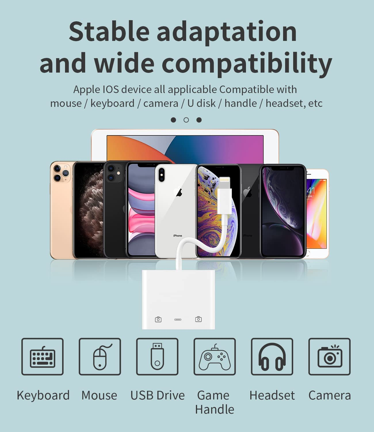 Apple Certified Lightning Male to USB Female Adapter OTG and Charger Cable for Iphone 11 12 Mini Max Pro Xs Xr X Se 7 8Plus Ipad Air a Camera Memory Stick Flash Drive Cord Converter Charging Splitter image number 2