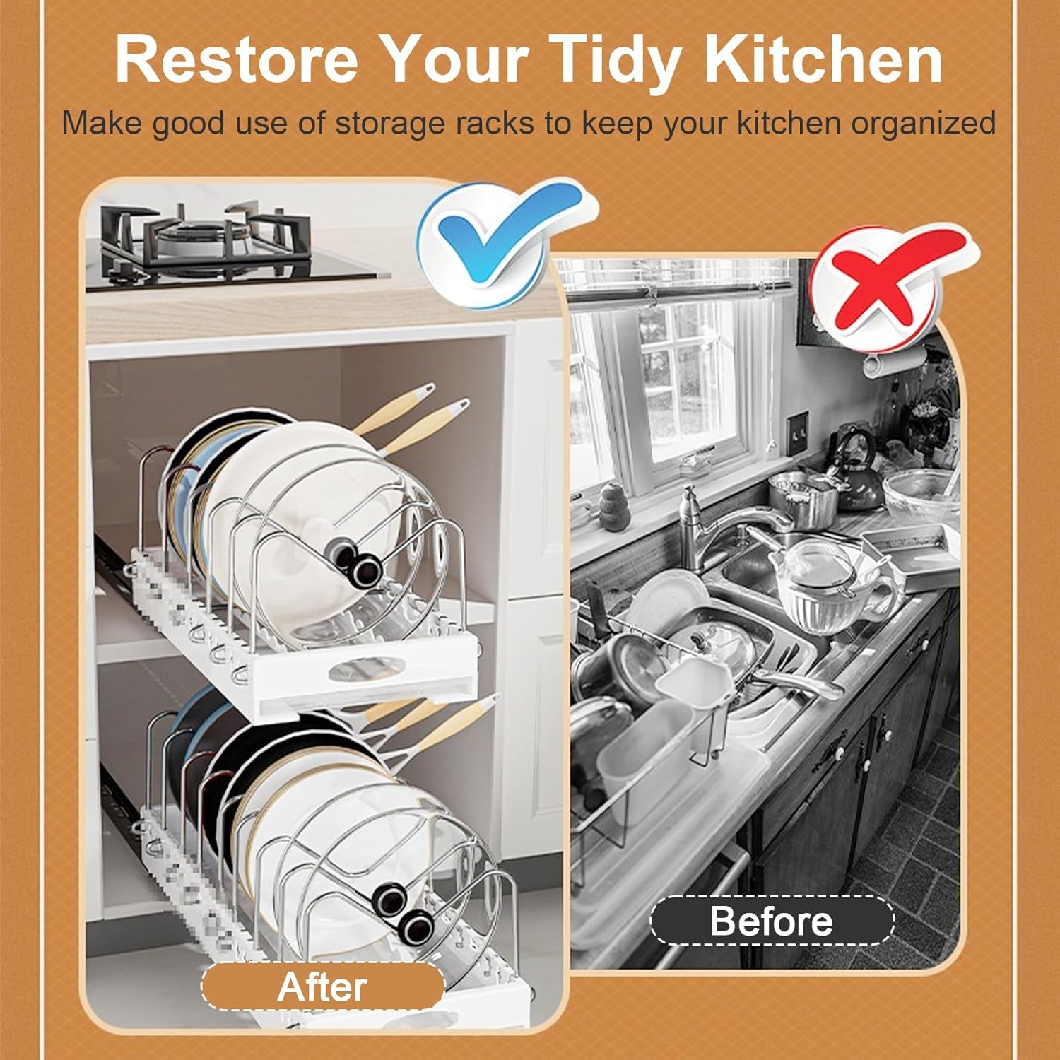 2 Pack Pots and Pans Organizer under Cabinet, Pull-Out Pots and Pans Organizer, under Cabinet Pot Lid Holder, Adhesive Sliding Type Pots and Pans Storage with 9 Adjustable Dividers (White) - White image number 5