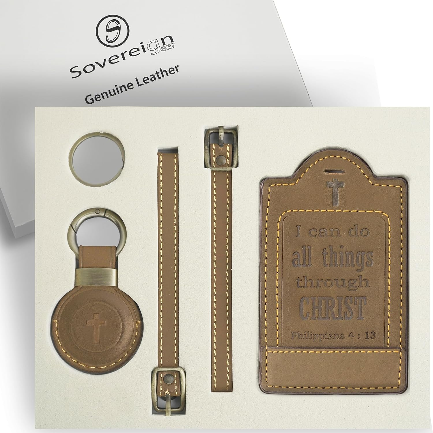 Sovereign-Gear - Two Brown Leather Luggage Tags 'Philippians 4:13' with Leather Airtag Holder Combo - Genuine Leathers Luggage Tag for Suitcases - Secure, Stylish & Durable Travel Accessory image number 1