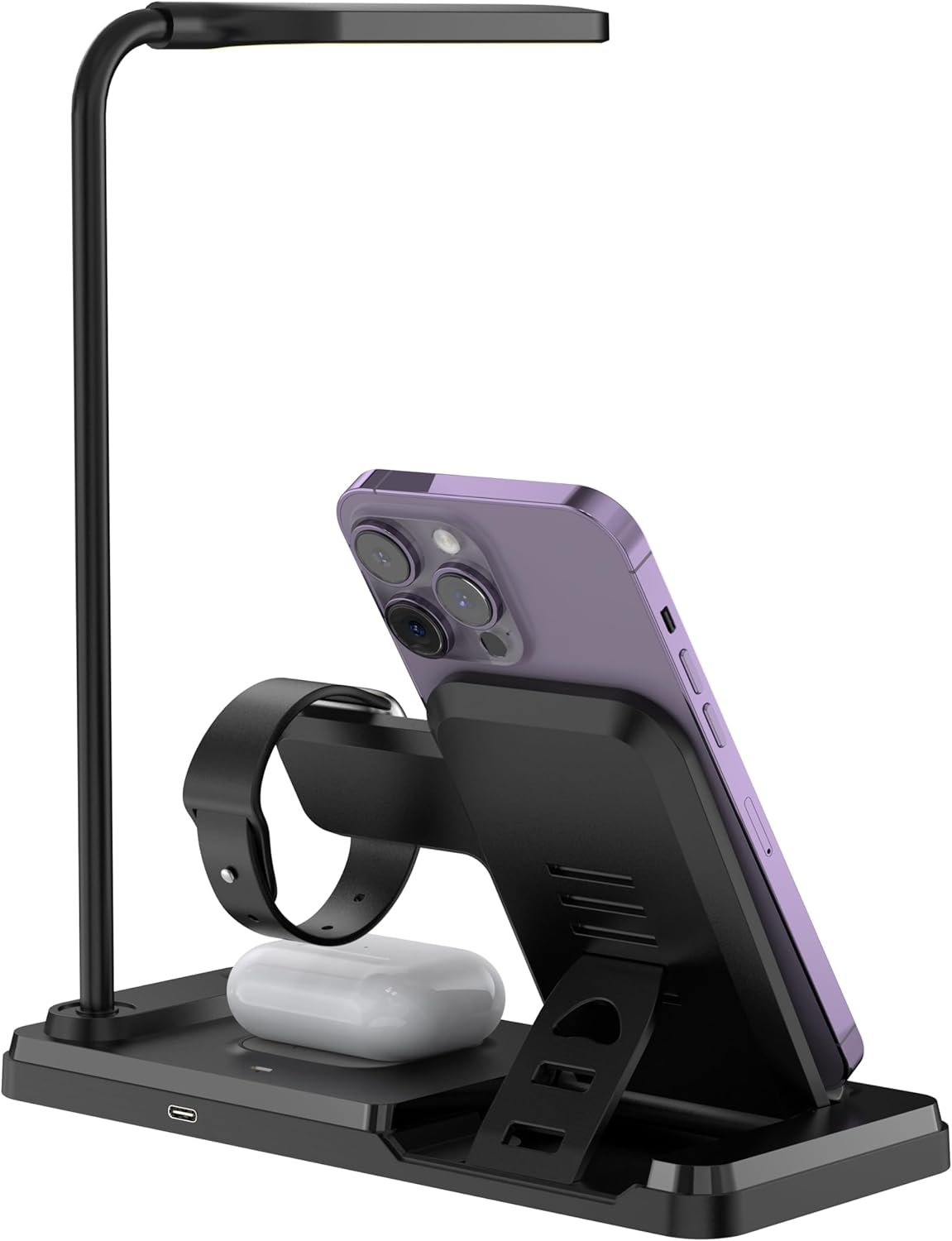 4-In-1 Wireless Charging Station & LED Desk Lamp, 10 W Fast Qi Charger Stand for Iphone 15/14/13/12 Series, Samsung Galaxy, Airpods, Apple Watch, Foldable Dimmable 3-Color Light (Black) - White image number 5