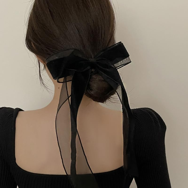 Bow Clips Black Ribbons for Women Girls Mesh Velvet Bows Hair Accessories Ribbon Bowknot Barrettes Long French Clip image number 6