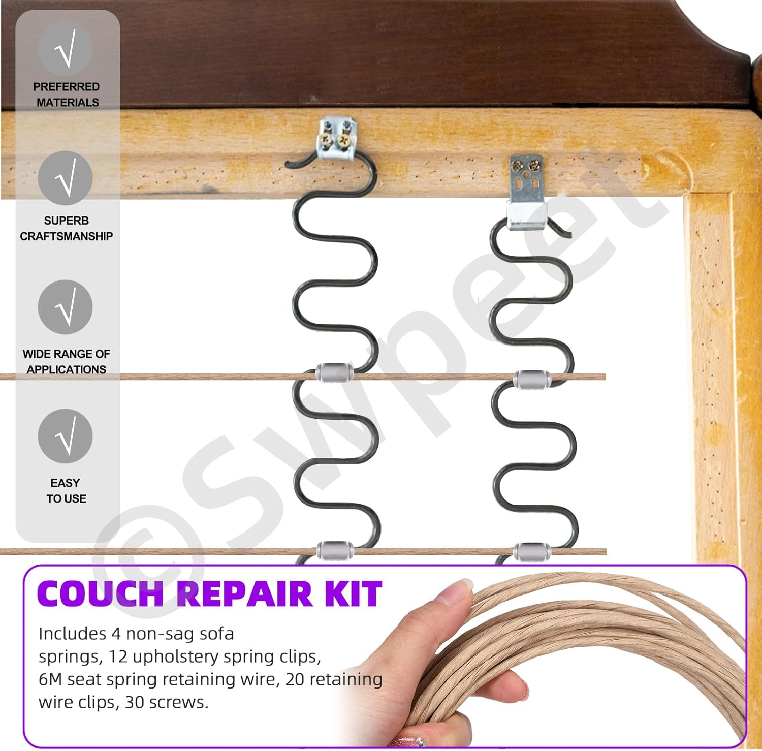 Swpeet 67Pcs Couch Spring Repair Kit, Including Springs, Upholstery Spring Clips, Seat Spring Stay Wire, Retaining Wire Clips and Screws, Compatible with Seating in Furniture Automotive image number 2