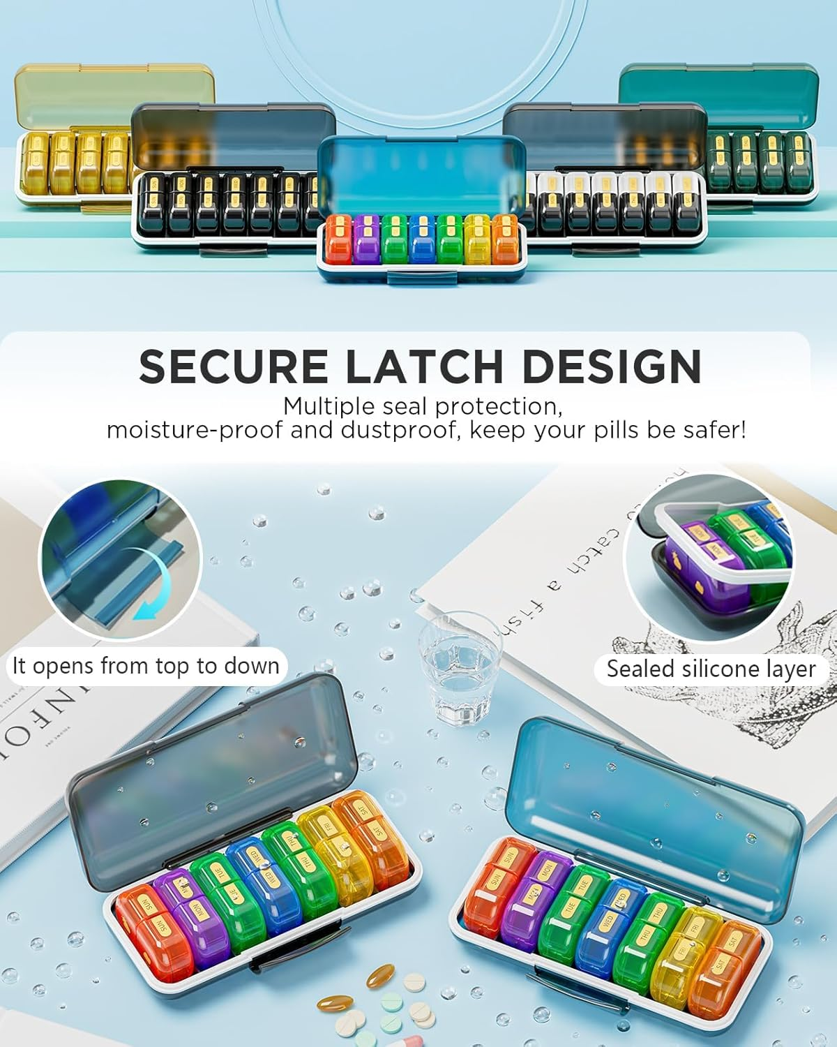 Weekly Pill Box Organiser Pill Boxes 7 Day 2 Times a Day,Portable Daily Pill Dispenser with 14 Detachable Copartments to Hold Vitamins, Cod Liver Oil, Supplements and Medication, Black image number 5