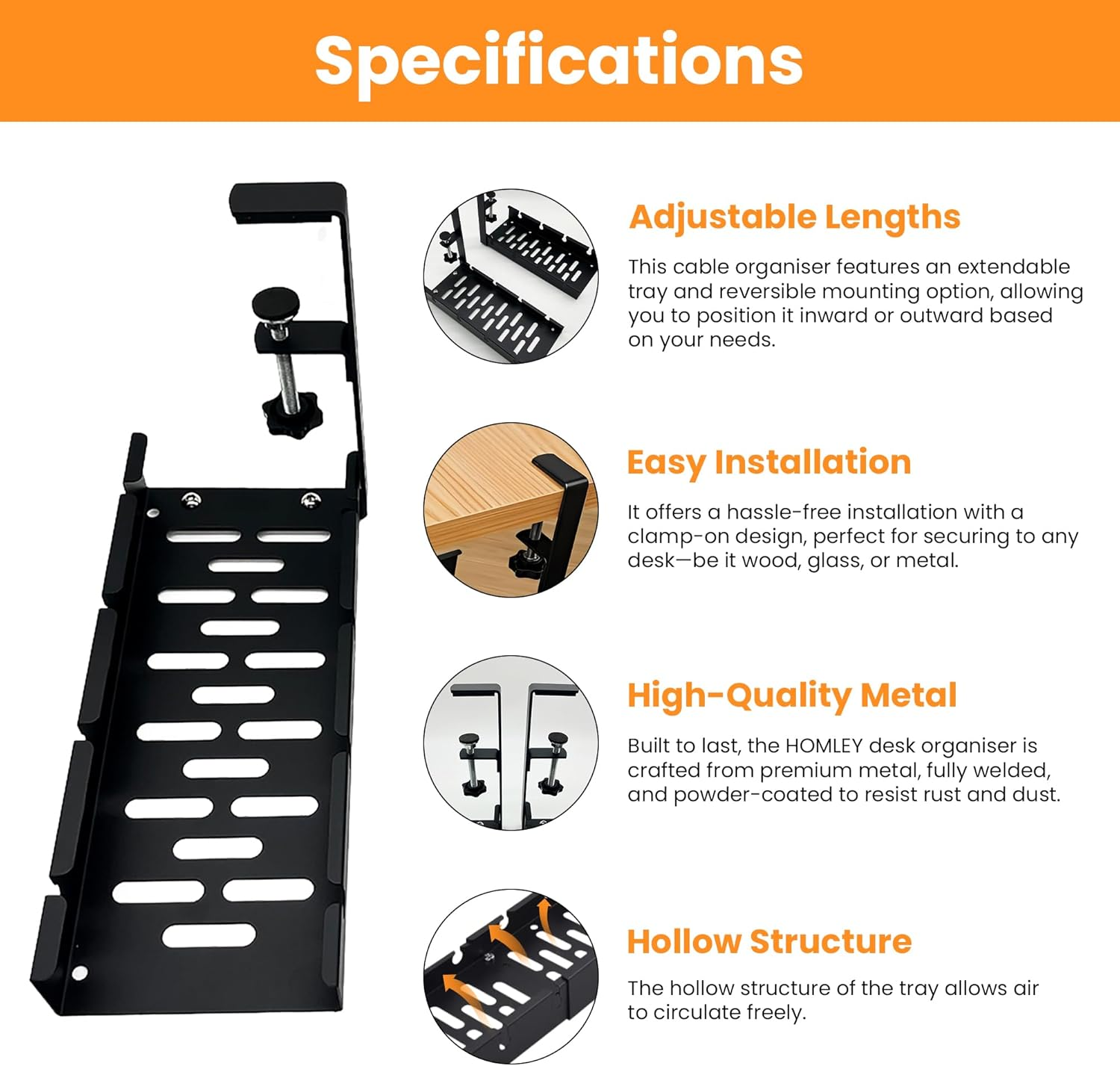 HOMLEY Cable Management Tray, under Desk Cable Organiser, Extendable Desk Organiser, No Drill or Glue, Metal Desk Accessories for Office and Home, Extra Cable Clip and Cable Ties (Black)