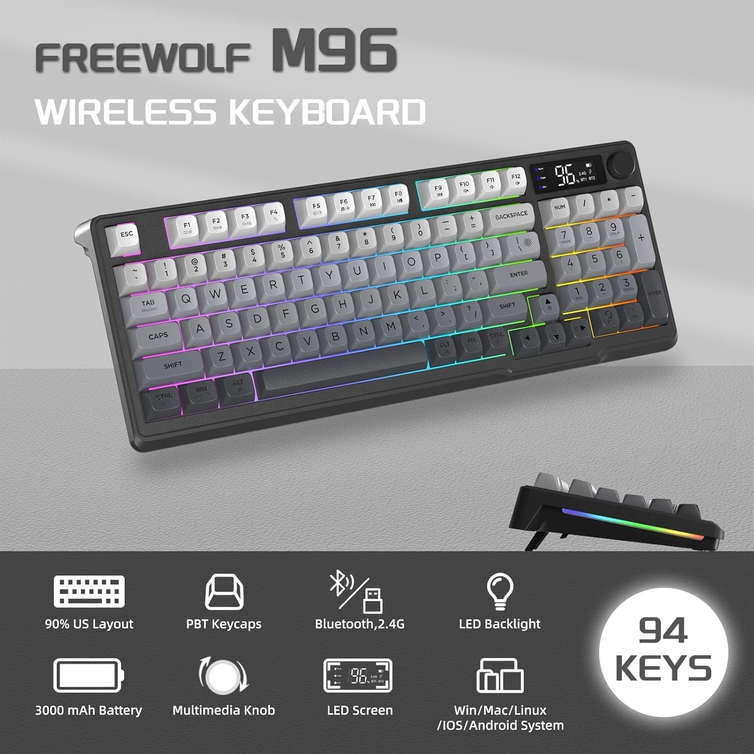 FREEWOLF M96 Wireless Gaming Keyboard Creamy Membrane with Rainbow Backlight,Media Knob,Lcd Screen,Dual Mode-Bluetooth/2.4Ghz,Ball Shape PBT Keycap 94 Key ANSI Layout for Win Mac PC Gamer(Moonlight)